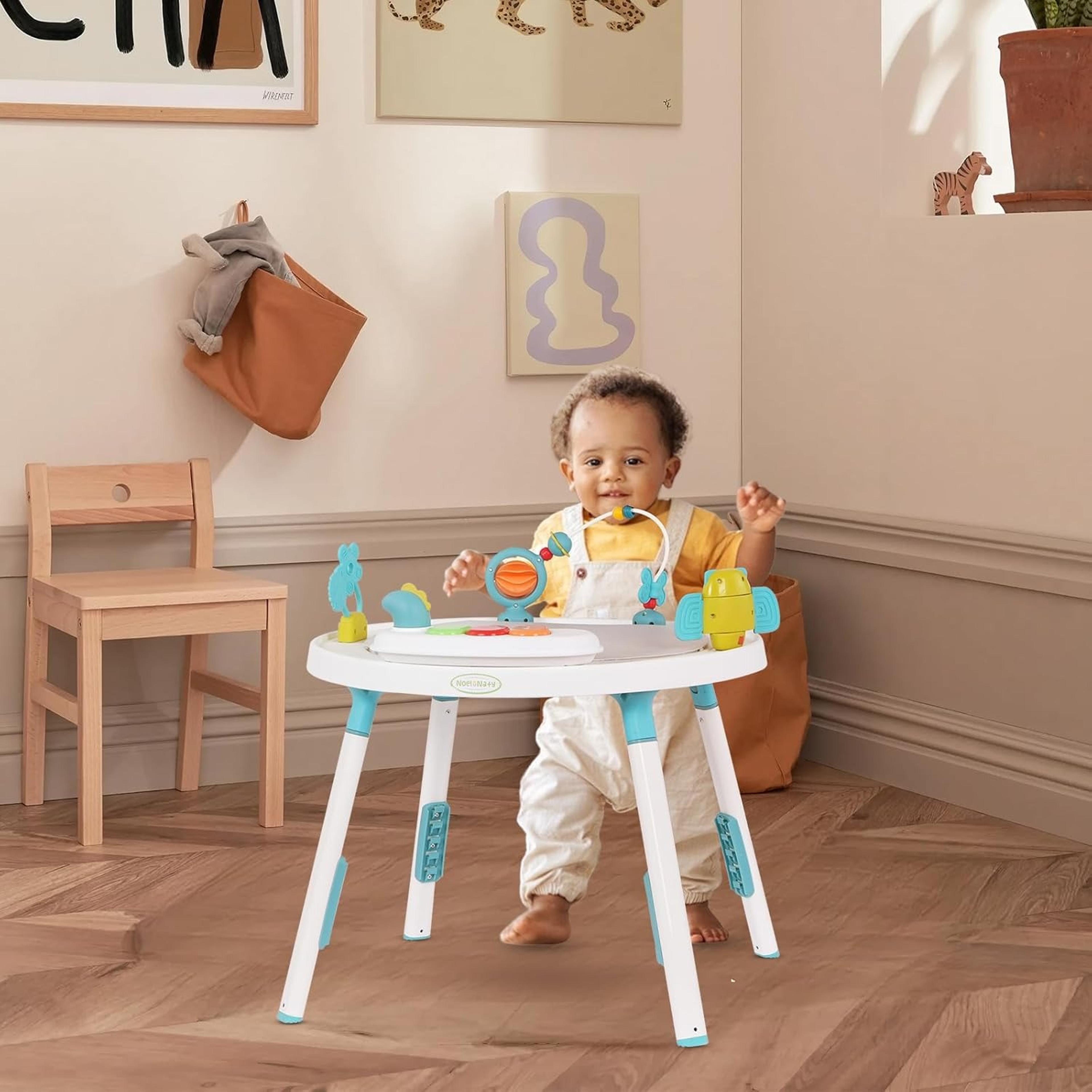 infant activity center jumper and table with rotating seat and removable toys for baby entertainment
