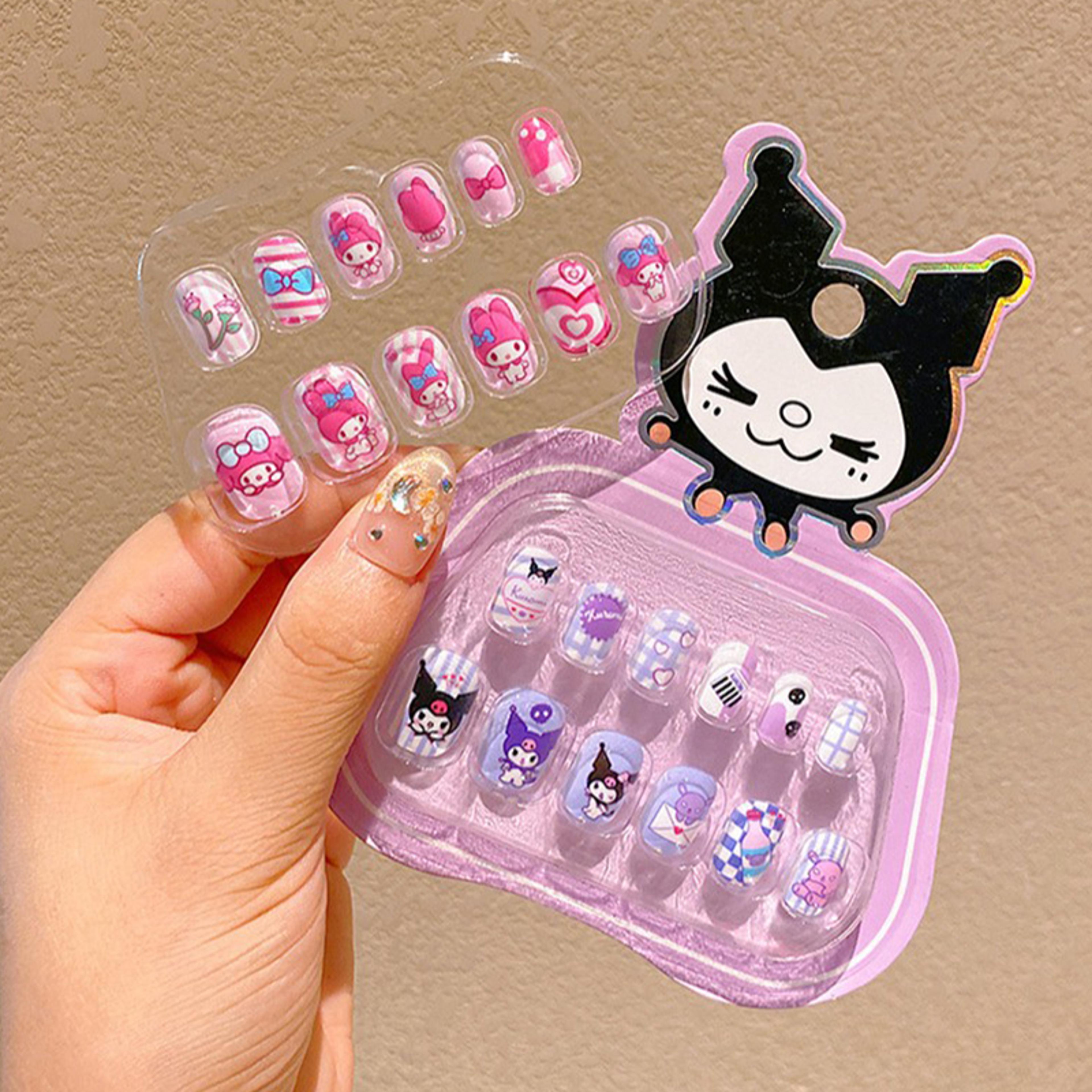3d rhinestones sanrio hello kitty, kuromi, my melody kids press-on nails with bows, self-adhesive nail stickers