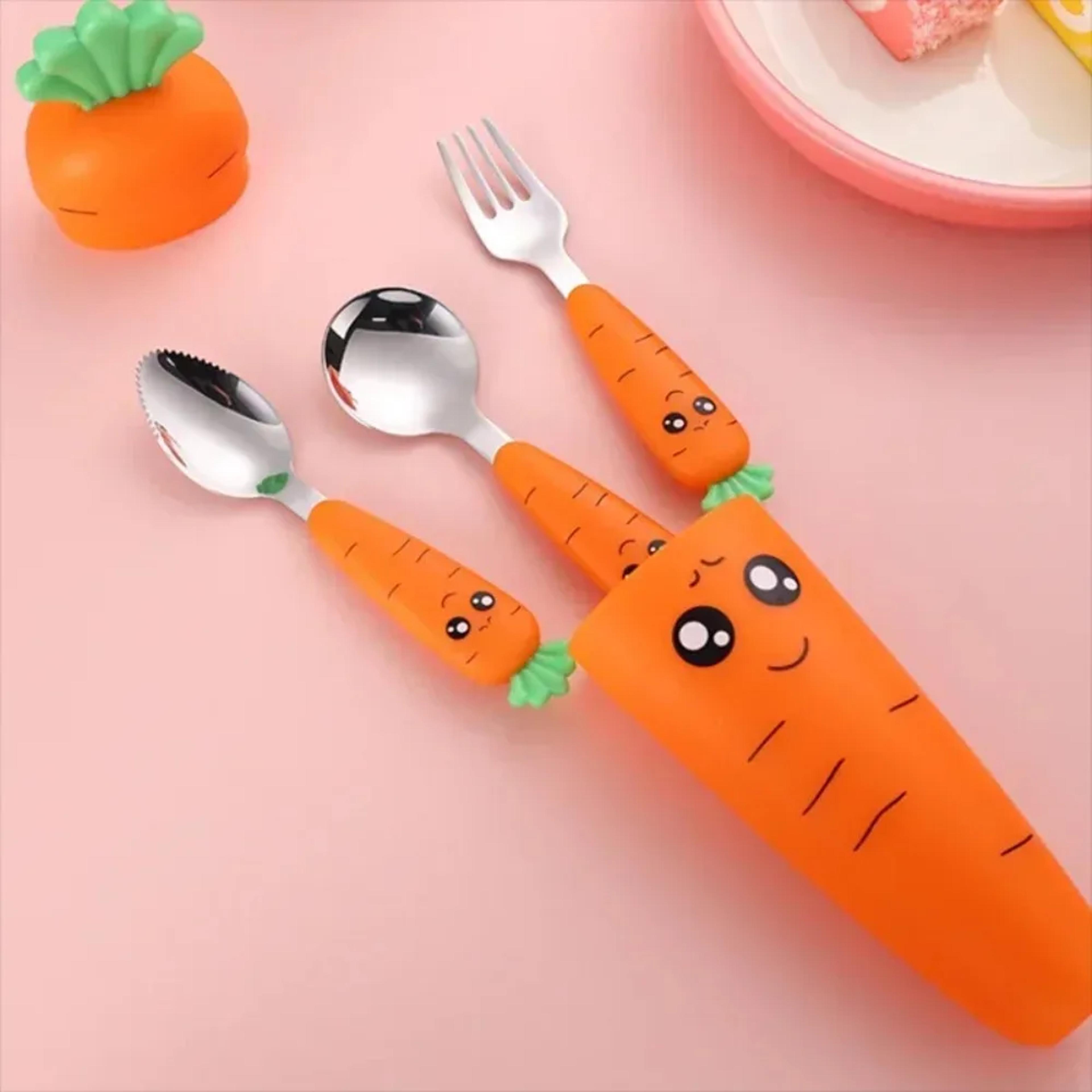 cartoon carrot fork spoon, baby feeding utensils, kids eating cutlery, children cutlery set