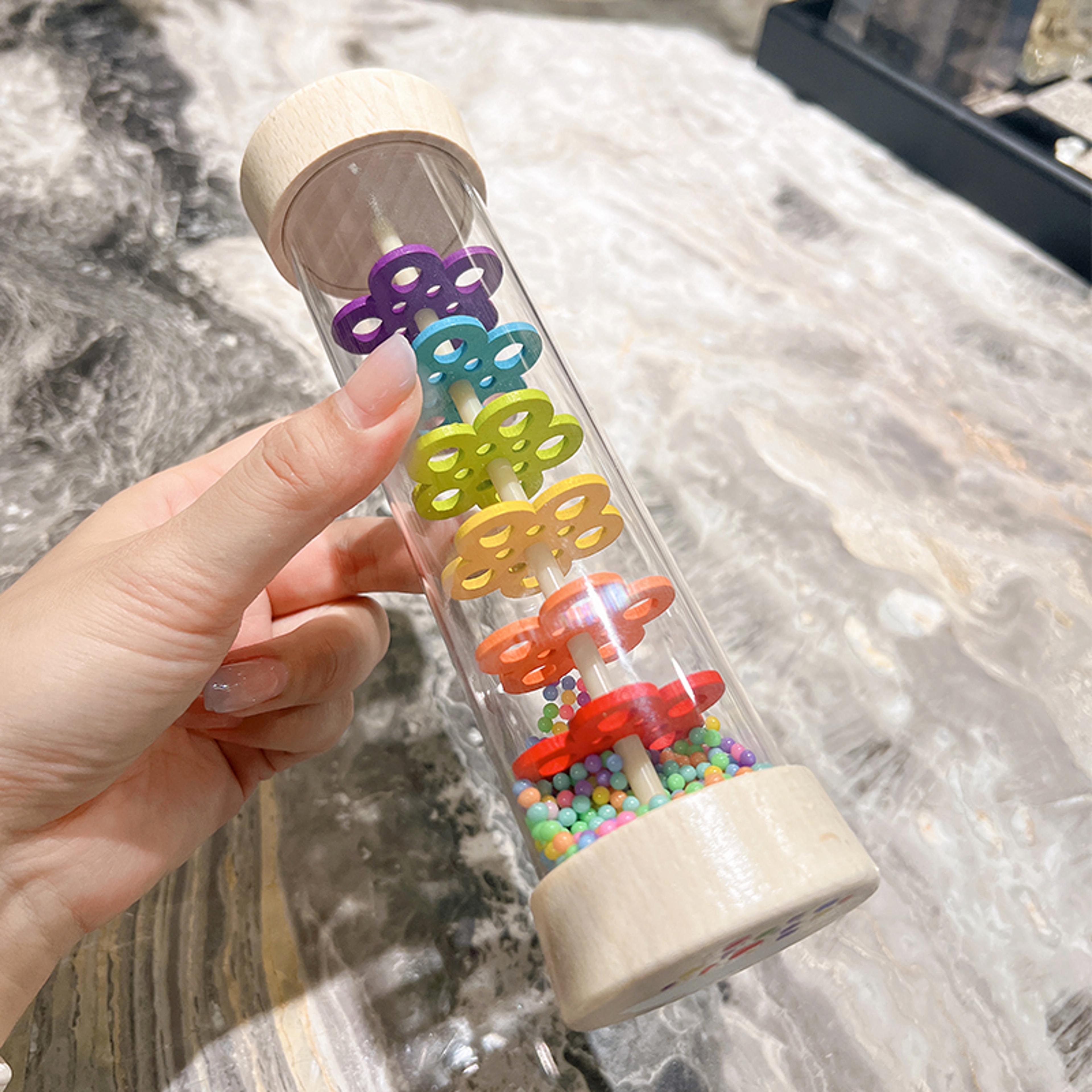 rainbow hourglass rain music rattle, montessori baby rain stick, rainmaker baby educational toy, montessori sensory toys