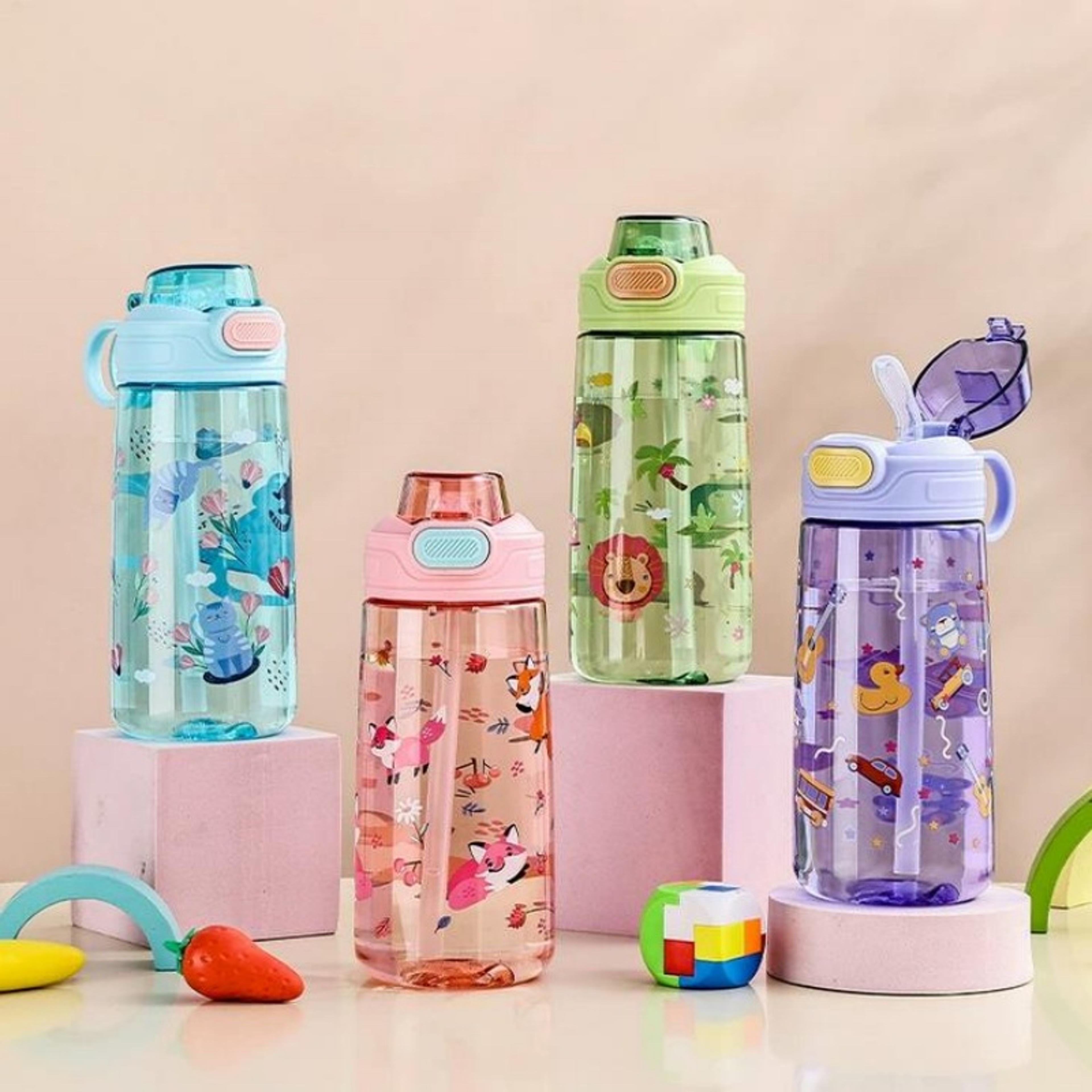 cute cartoon animal water bottle with safety lock, leak-proof straw cup for kids outdoor travel camping jug