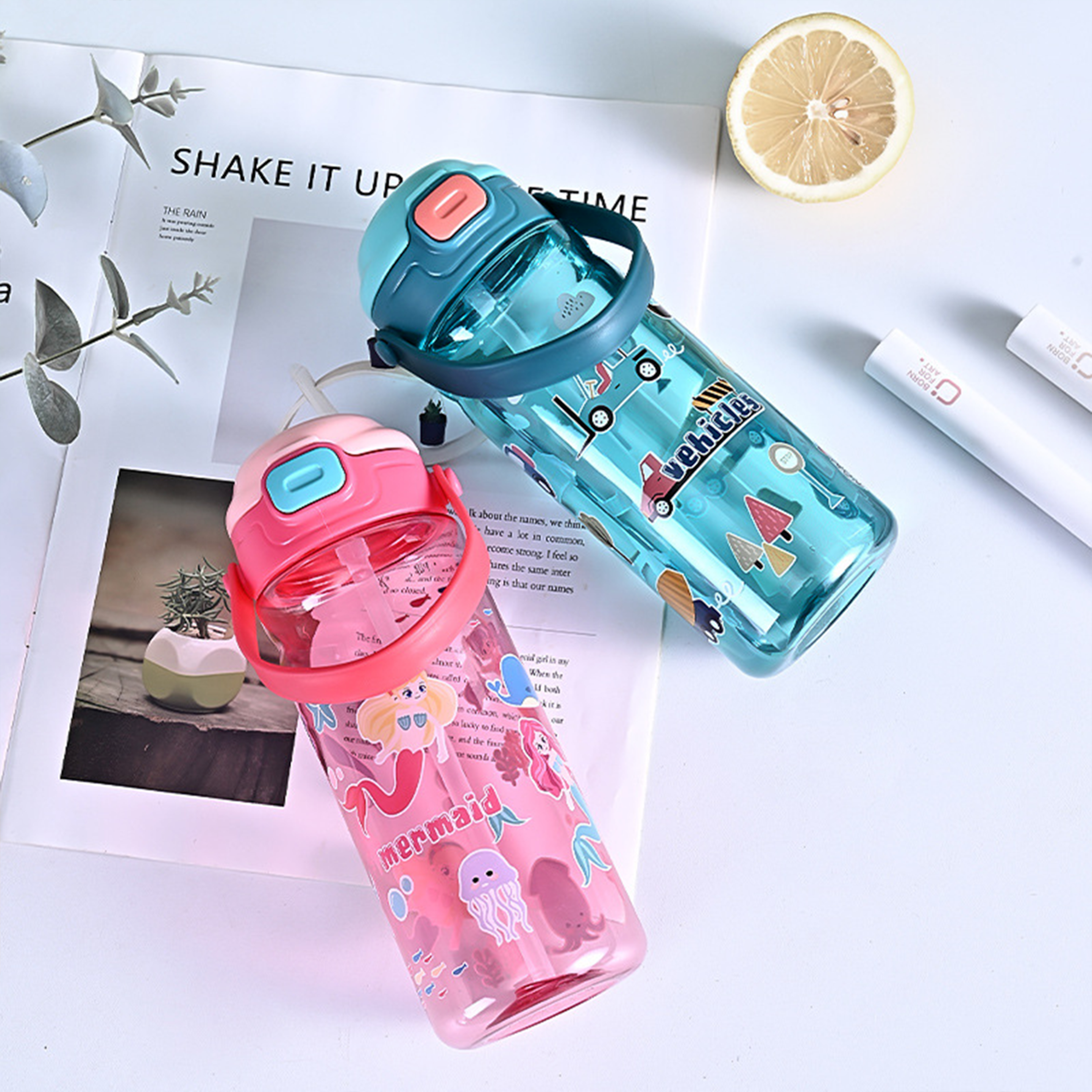 outdoor camping drinking tools, high-quality kids straw cup with handle, plastic straw water bottle