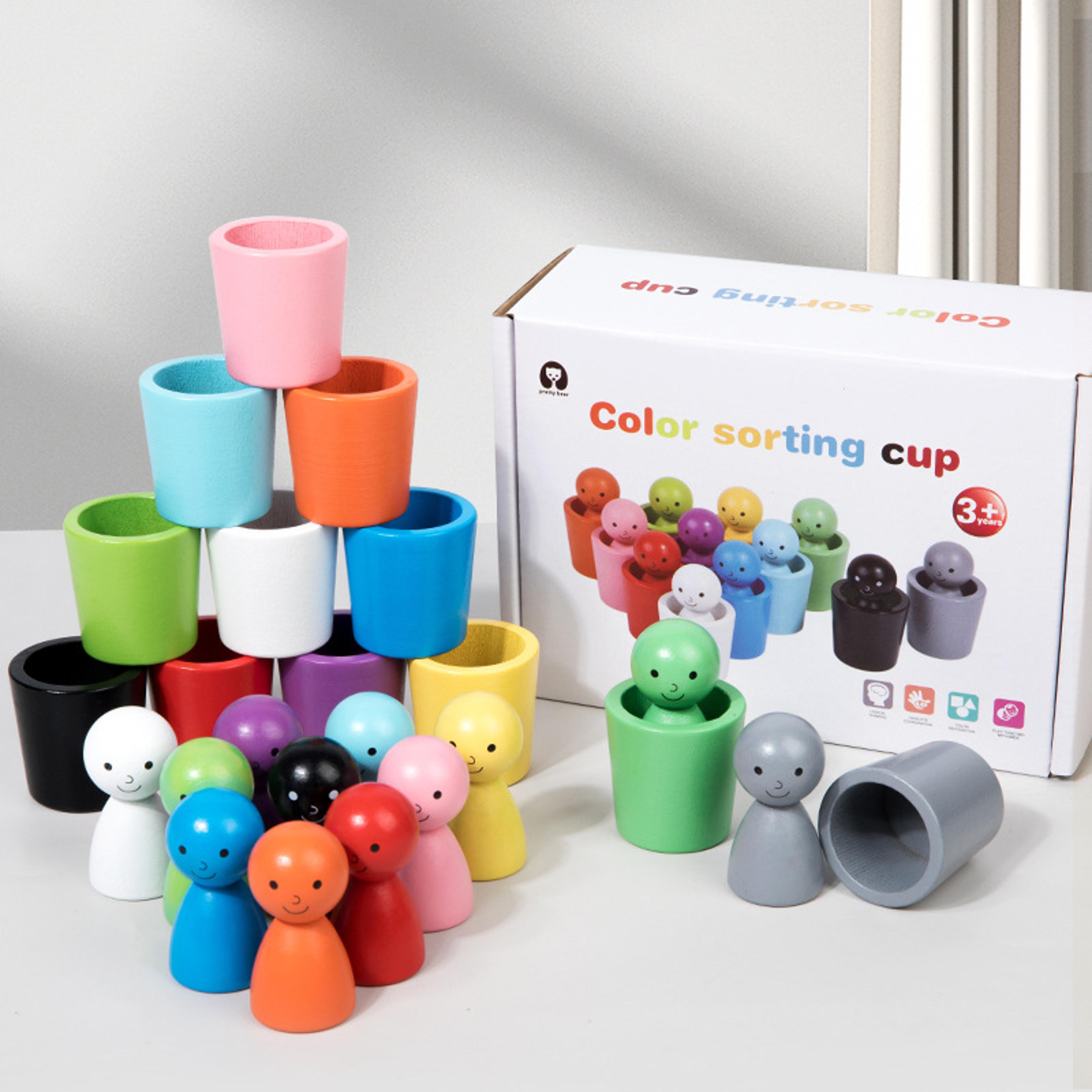 montessori educational toy, wooden color cups, sorting cognition game for early learning