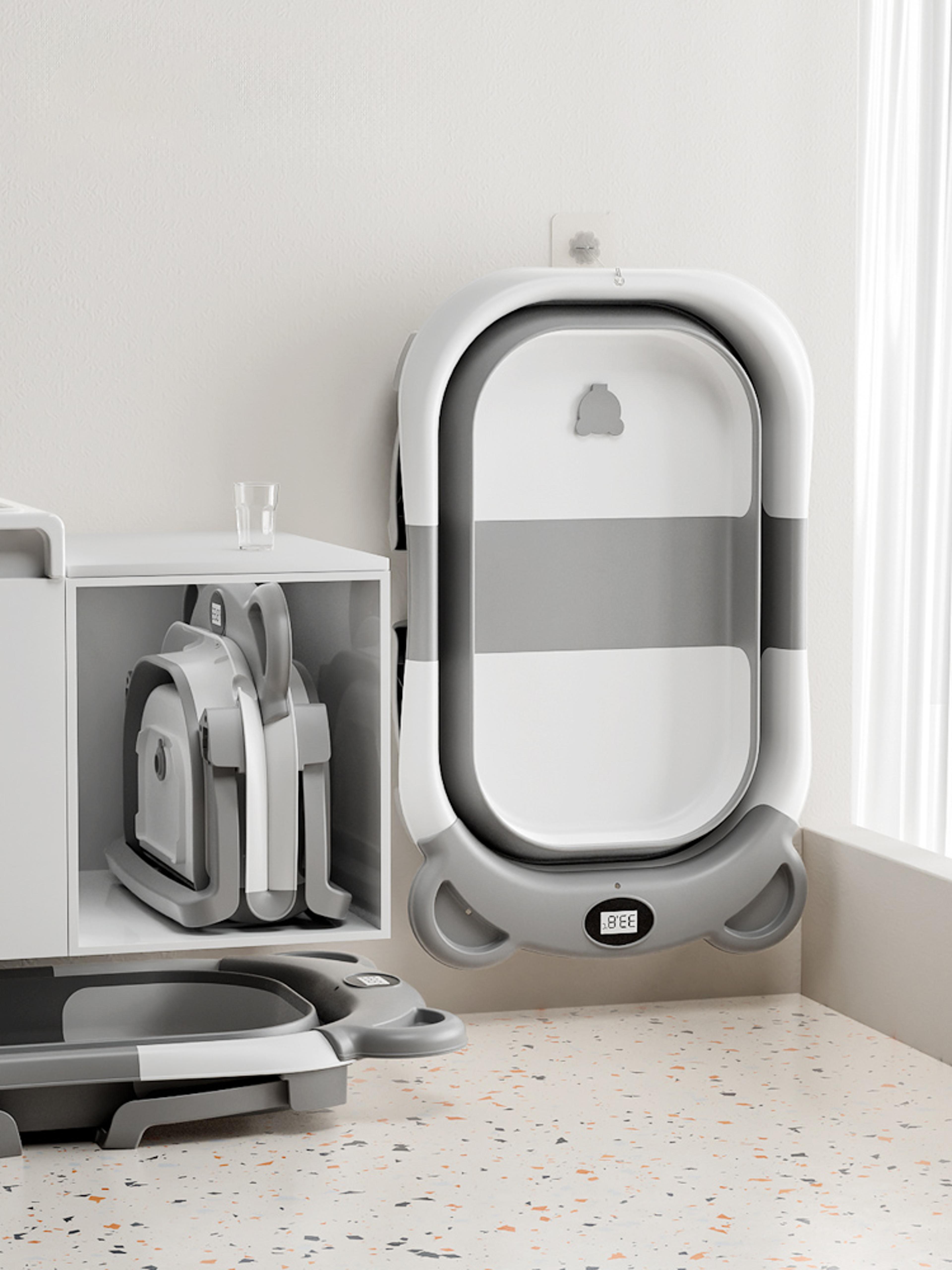 collapsible baby bathtub with thermometer, portable travel bathtub, soft floating cushion, drain hole for baby