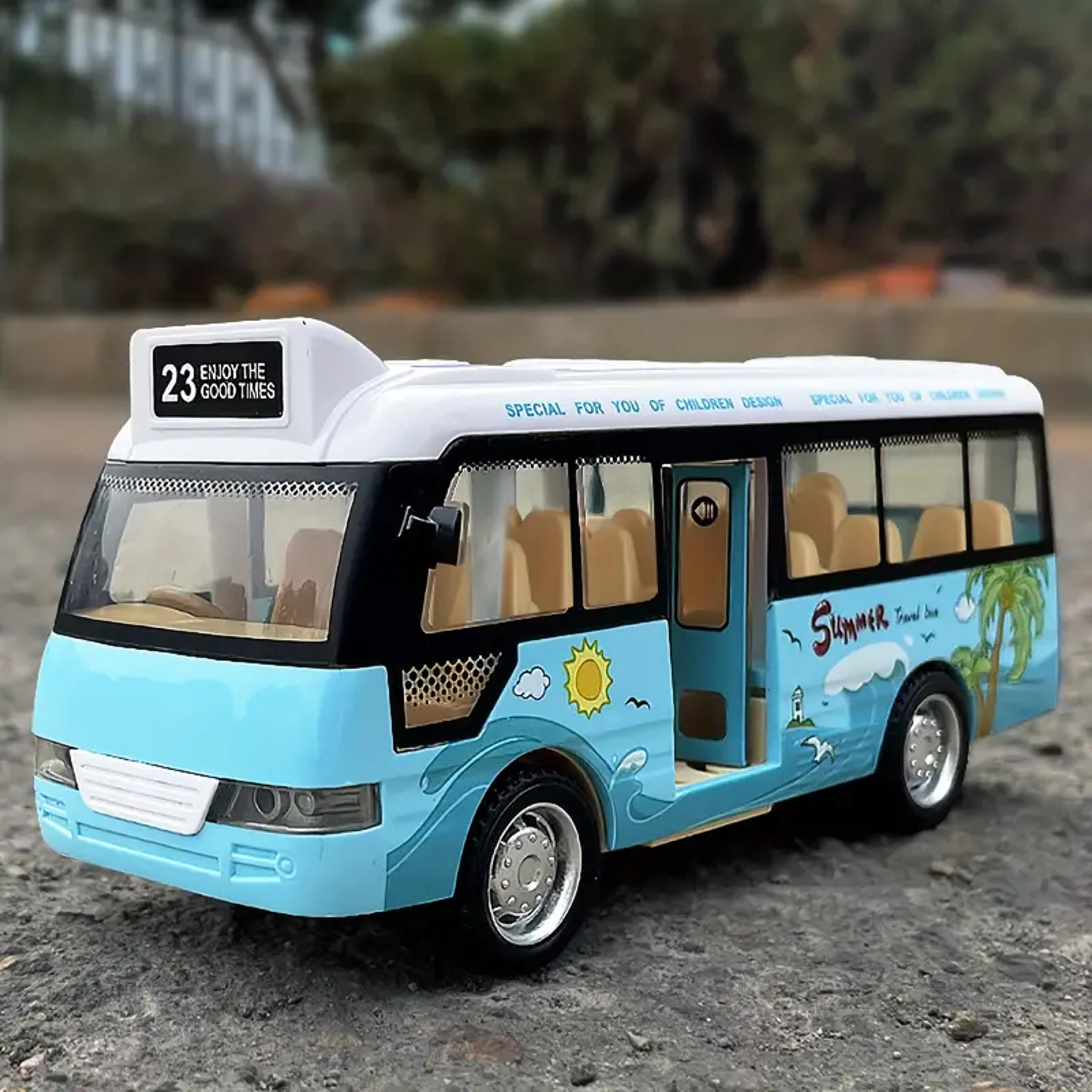 pull back city bus toy for toddlers, boys and girls, light up & sound feature, open-able doors, fun play vehicle