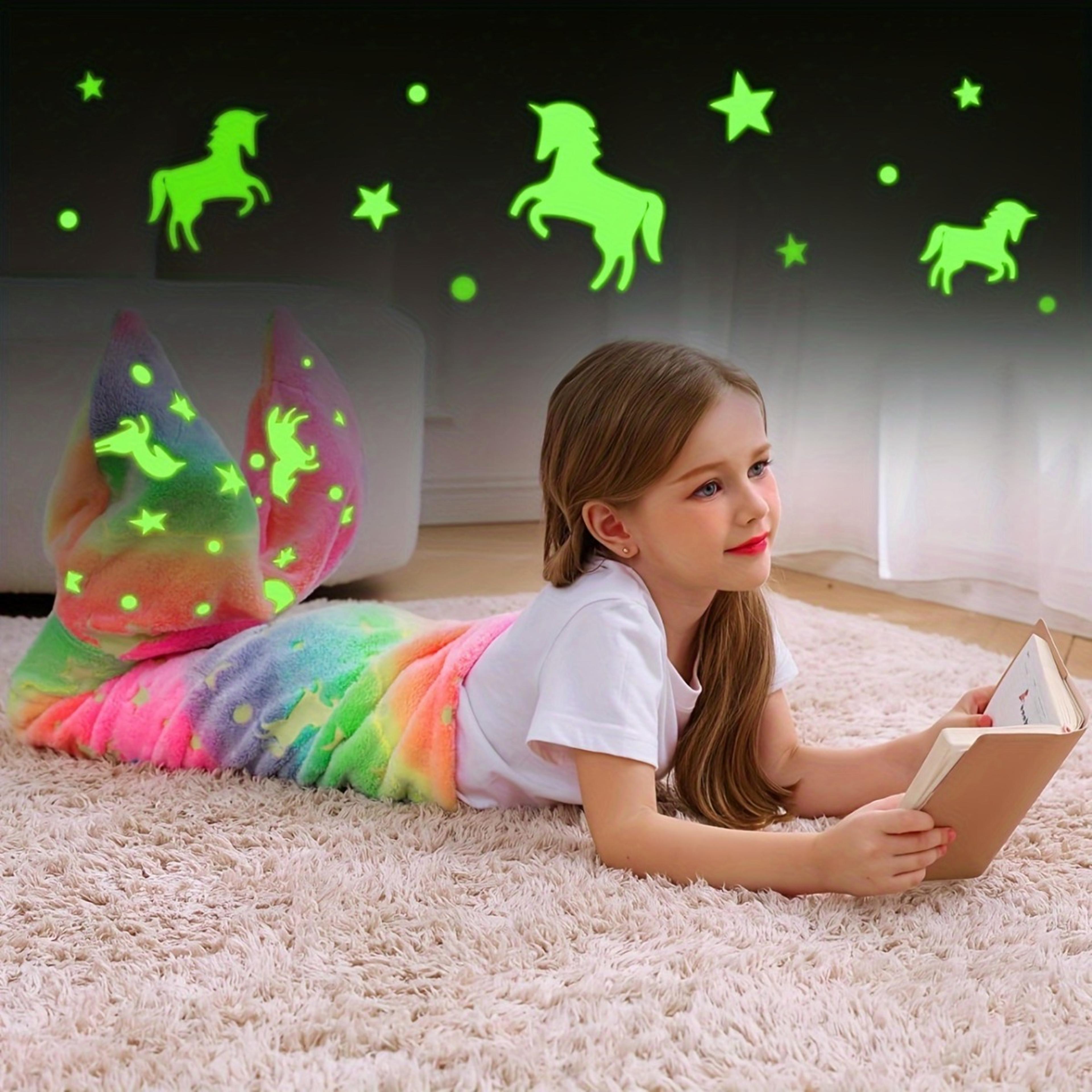 super soft glow in the dark flannel mermaid tail blanket, cartoon rainbow unicorn design, perfect gifts for girls
