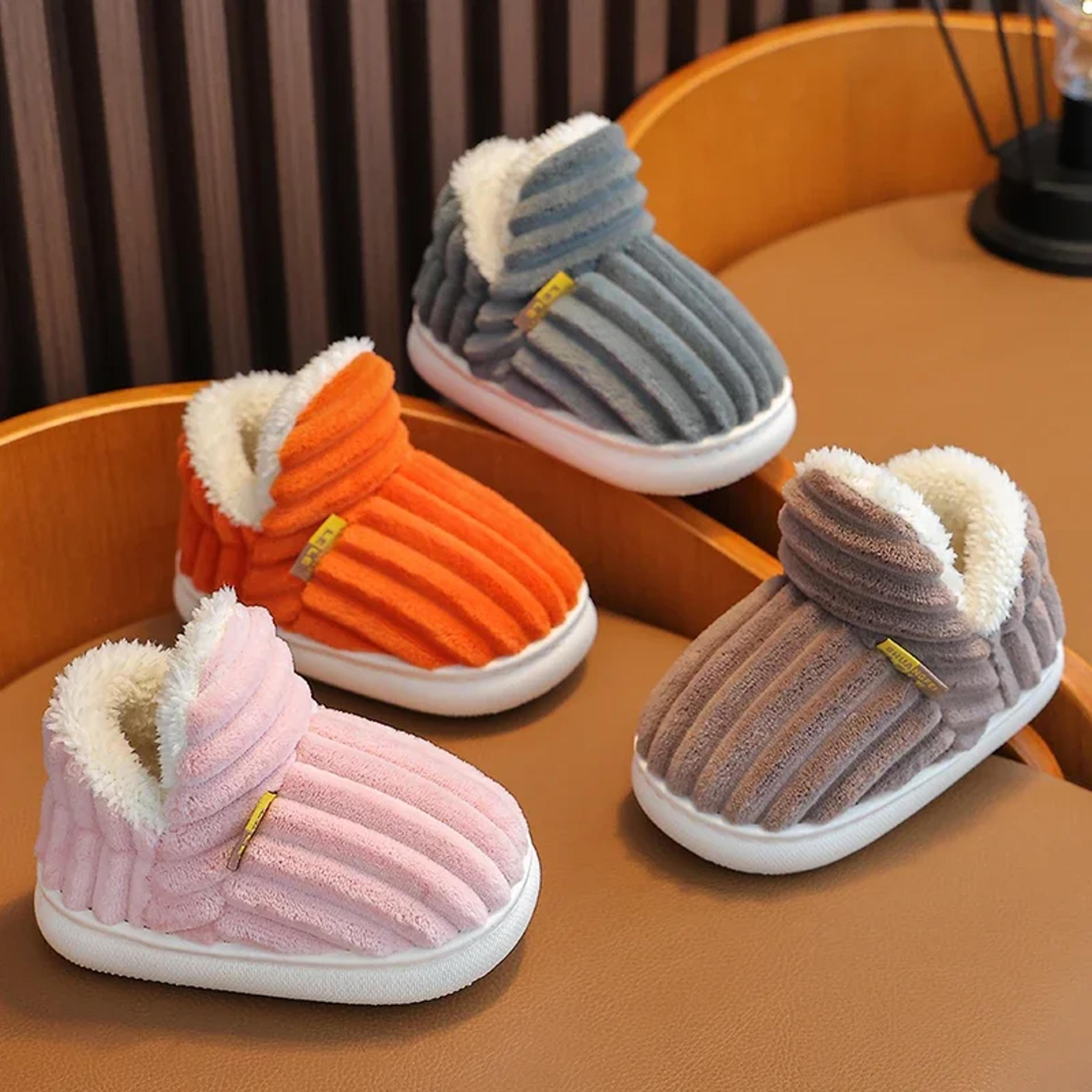 children's winter stripe plush slippers, non-slip soft sole, heel wrap high cotton shoes, kids boys girls home shoes