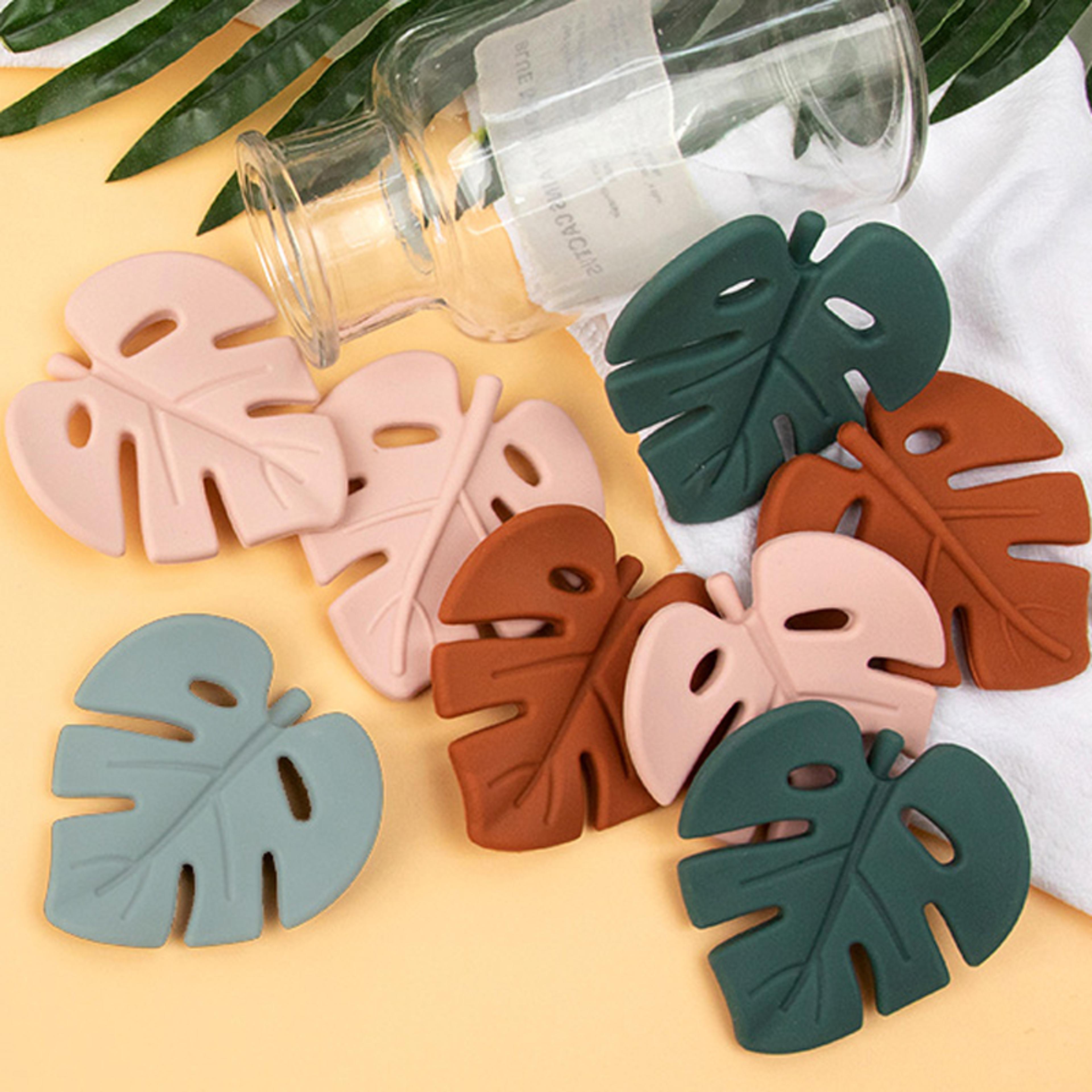 food grade silicone teether, baby cartoon leaf shape, infant teething rattle toy for newborn care
