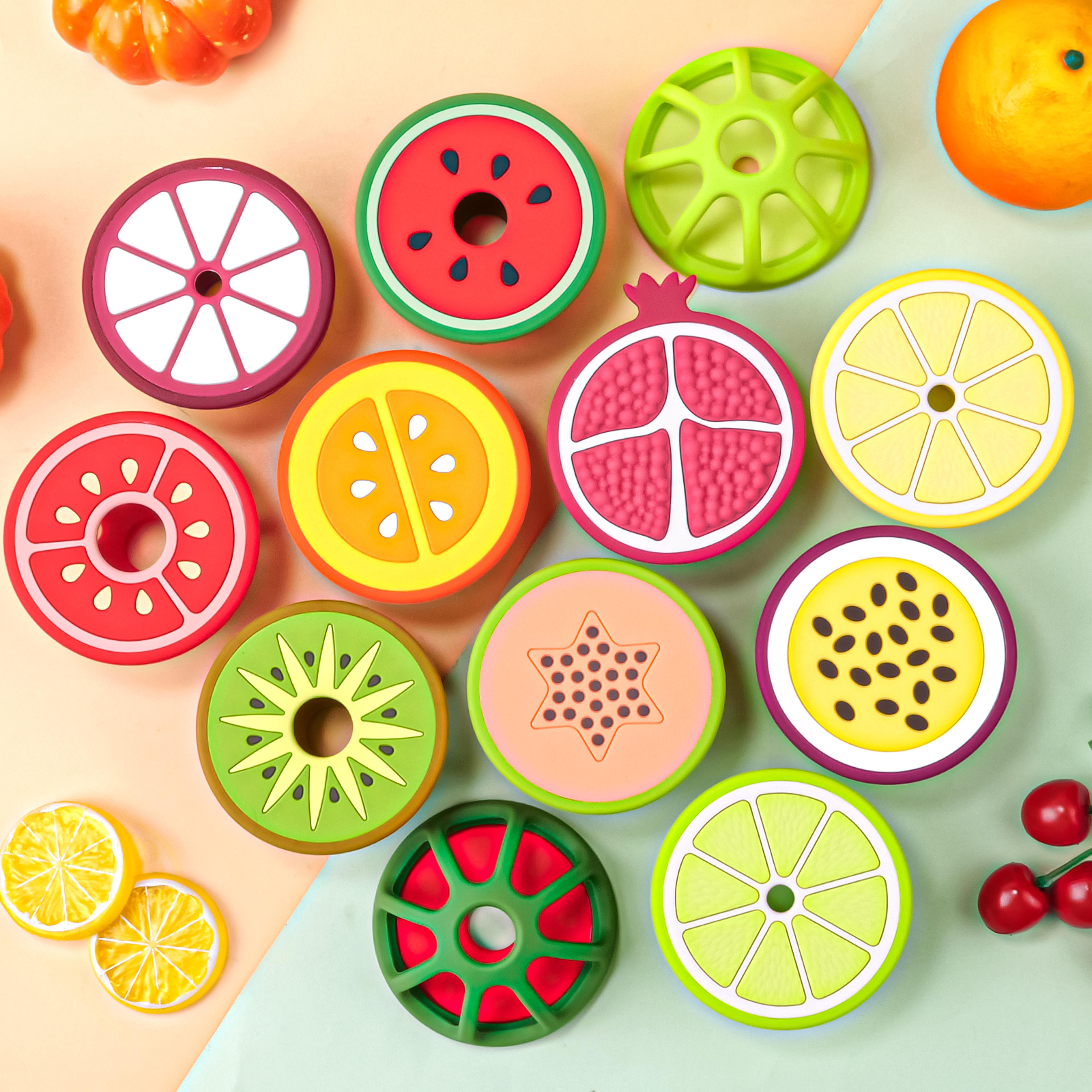 kids sensory teether, silicone fruit shape teething toy, gum pain relief