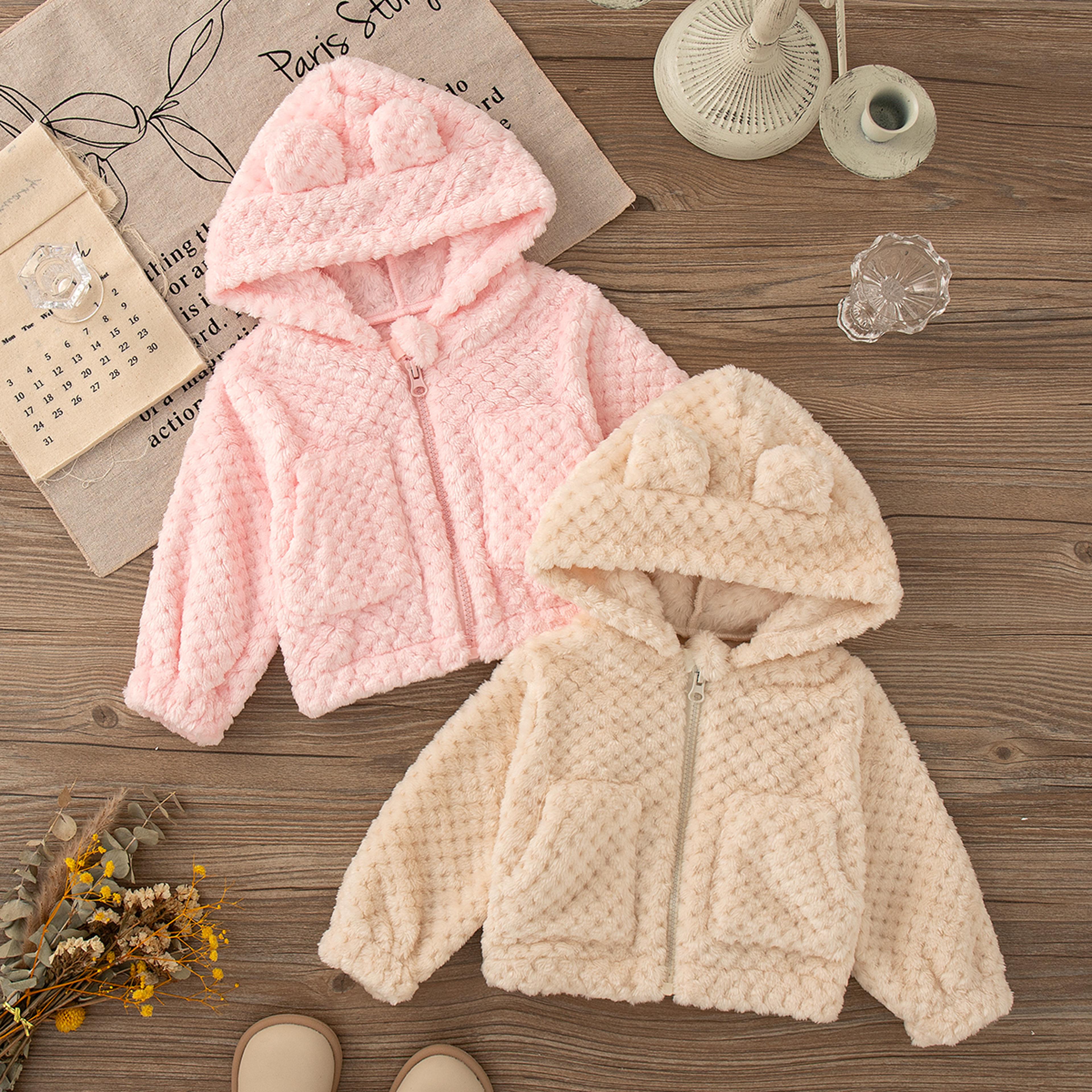 baby girl pink plush coat, lovely zipper hooded long sleeved jacket, girl autumn winter keep warm clothes