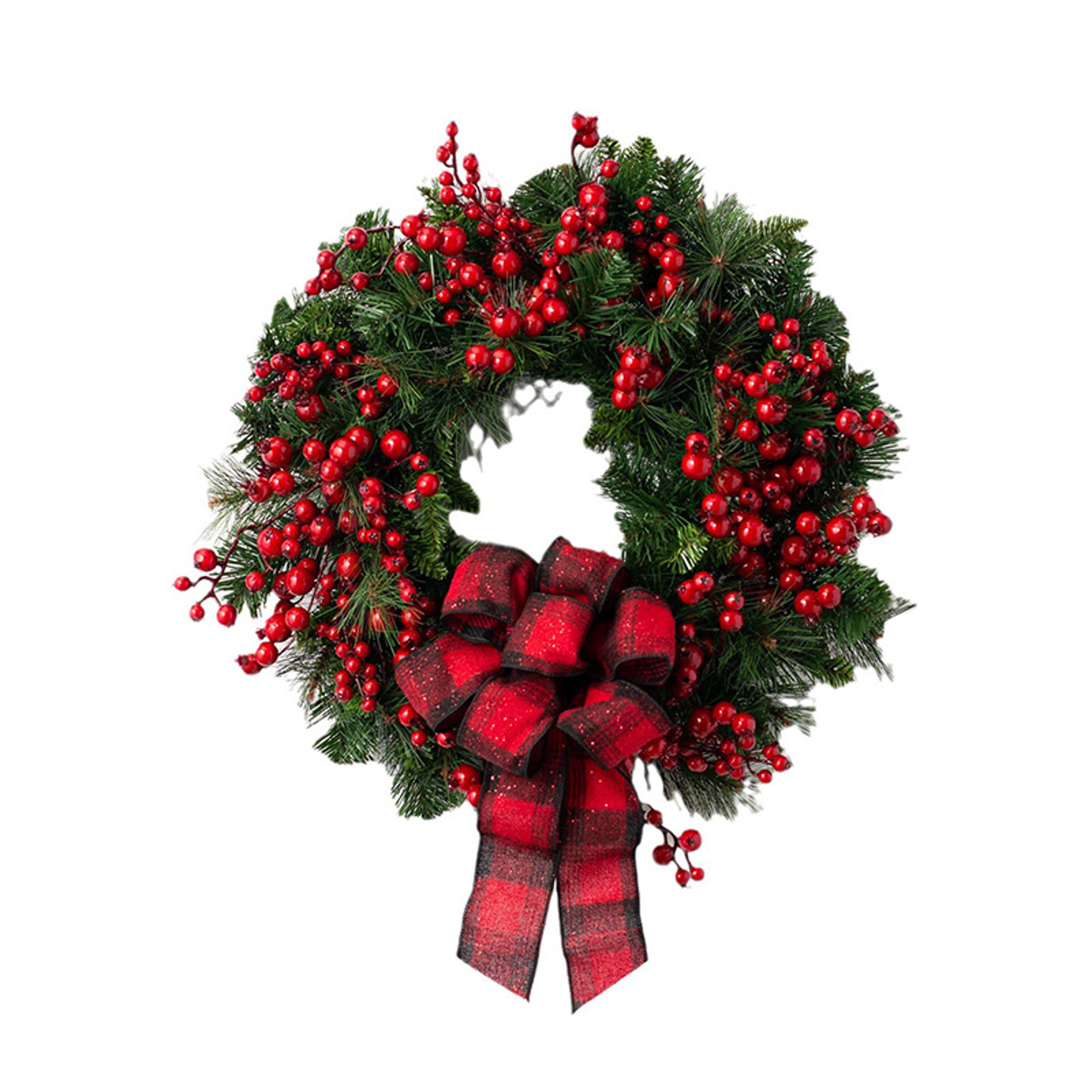 artificial christmas wreath, red berries and black red checkered ribbon, christmas door decoration