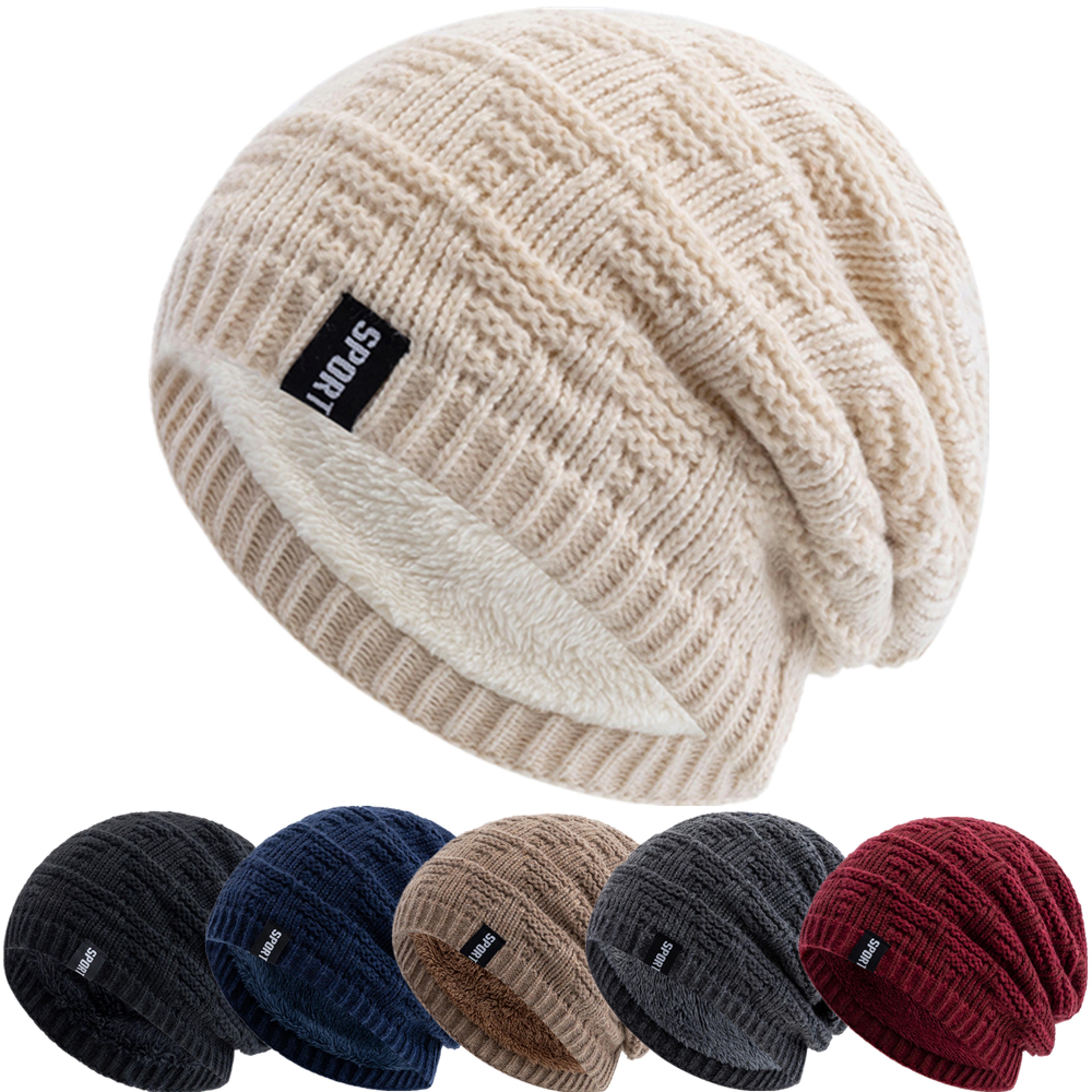 plush fur lined hats for men women, unisex fashion beanie hat, solid ski sports winter cap, keep warm knitted hat