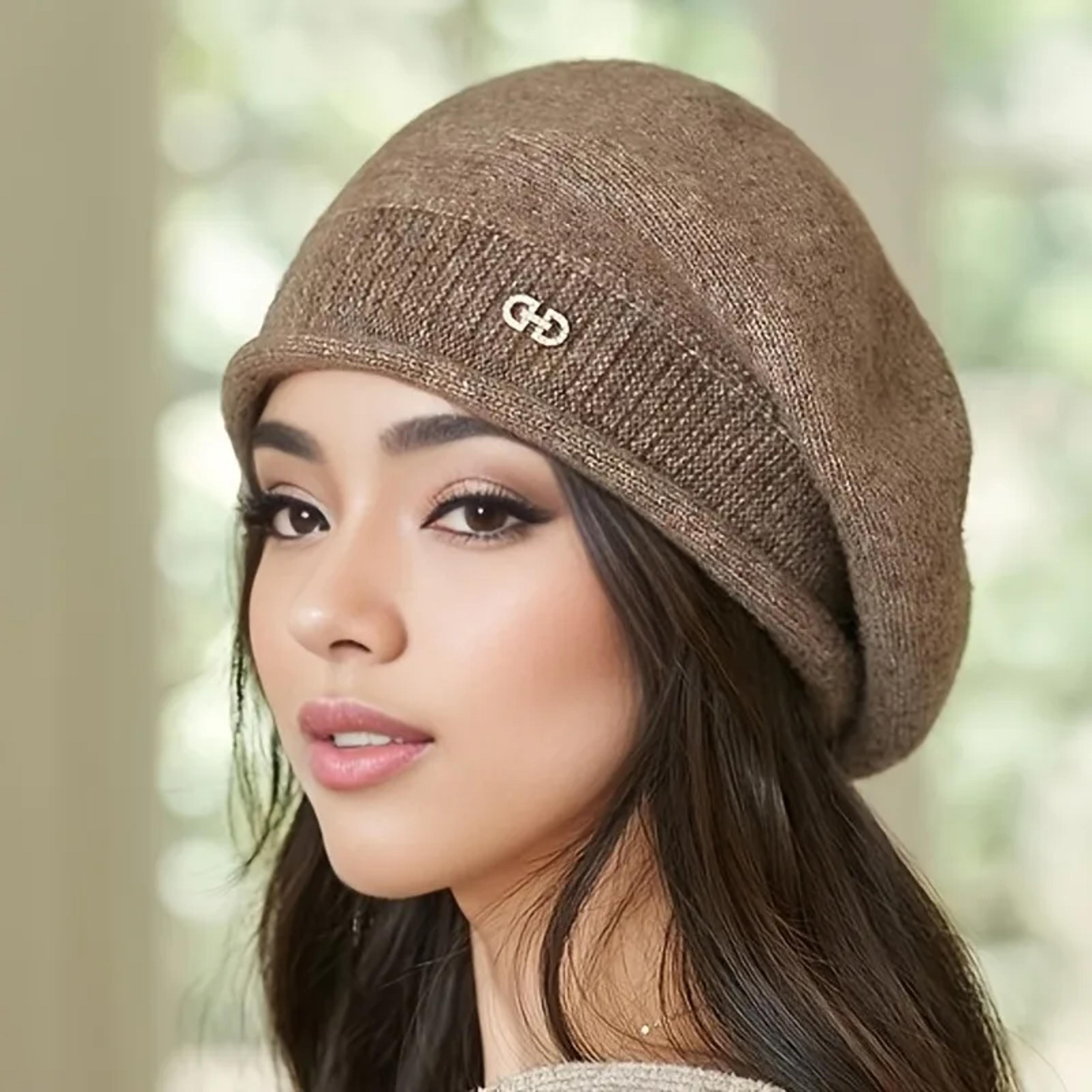 women's 1pc stretchy fleece beanie hat, soft cozy acrylic knit cap with pocket for autumn winter