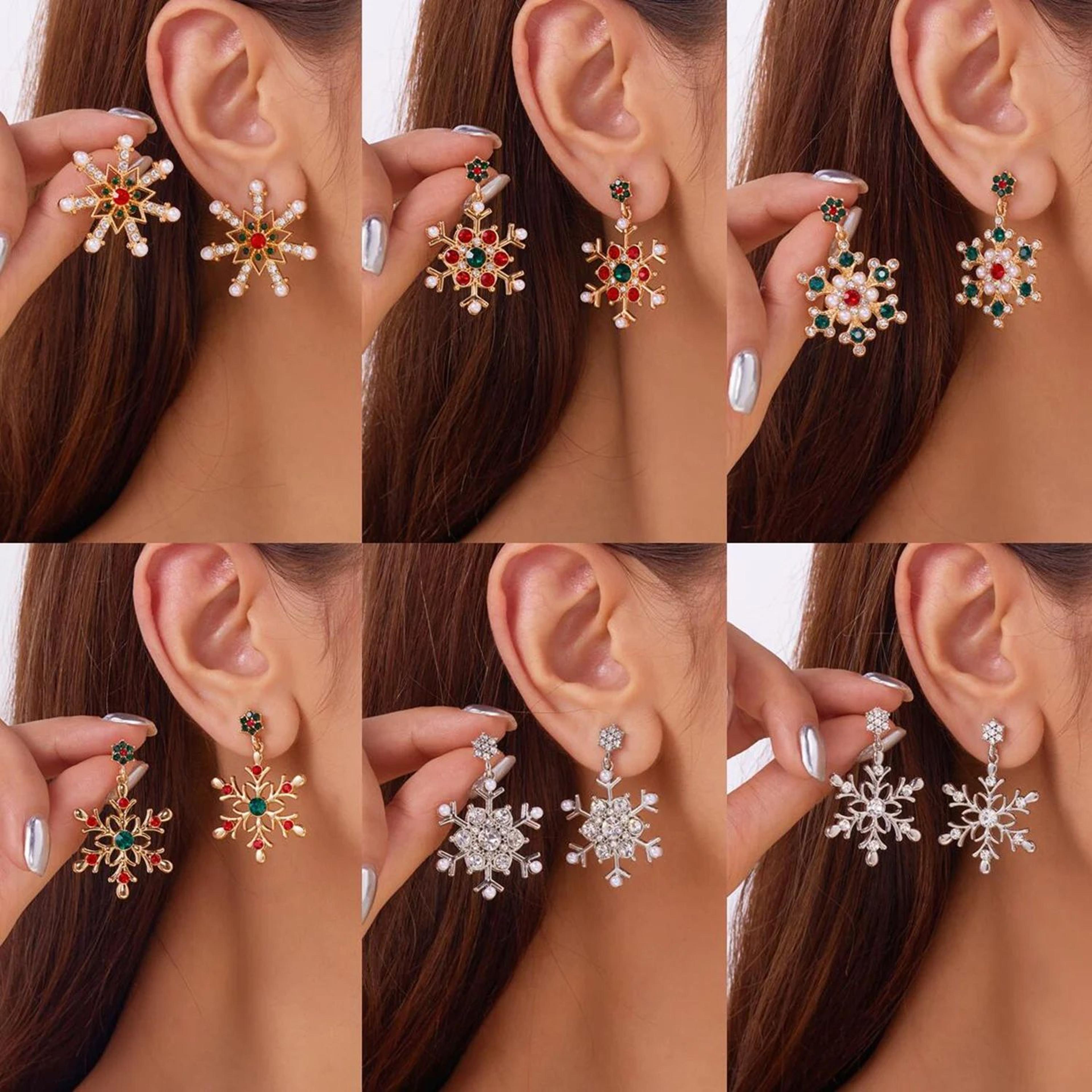 pearl zircon stud earrings for women, exquisite christmas snowflake jewelry, crystal dangle piercing, party wear