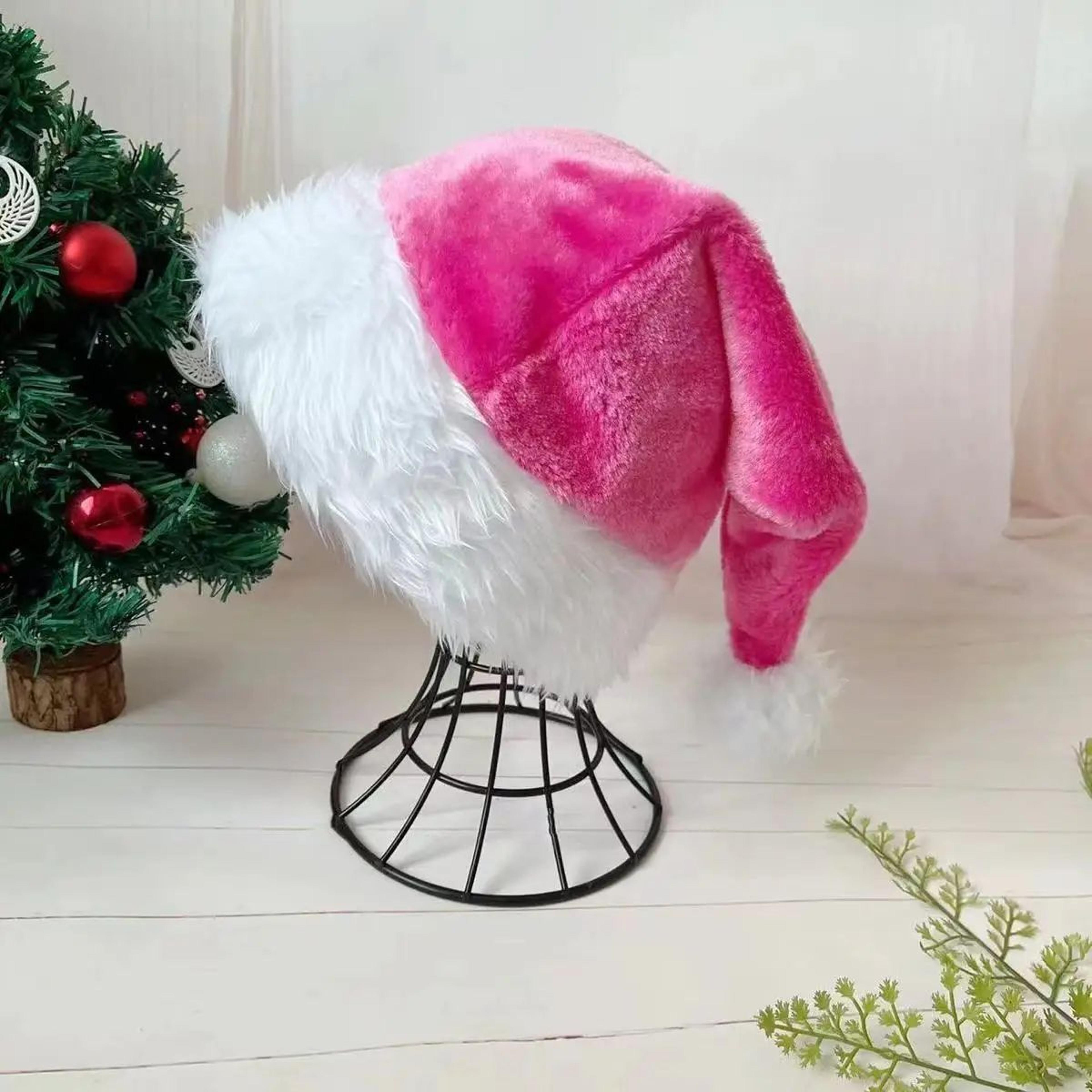 pink long plush santa hat, christmas holiday red black hat, unisex kids adults, new year party accessories