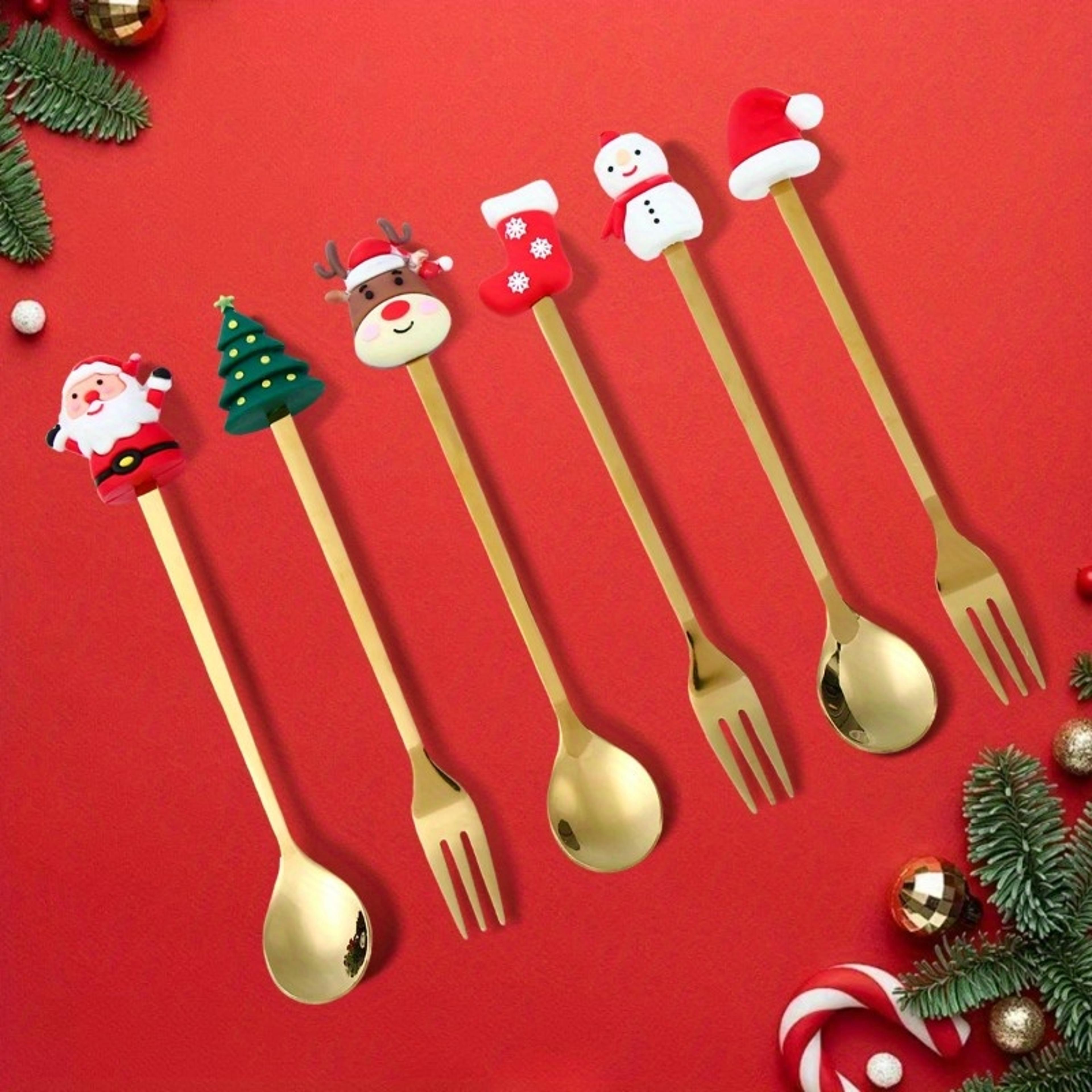 creative santa tree decoration, christmas spoon fork set, stainless steel stirring spoons, party tableware