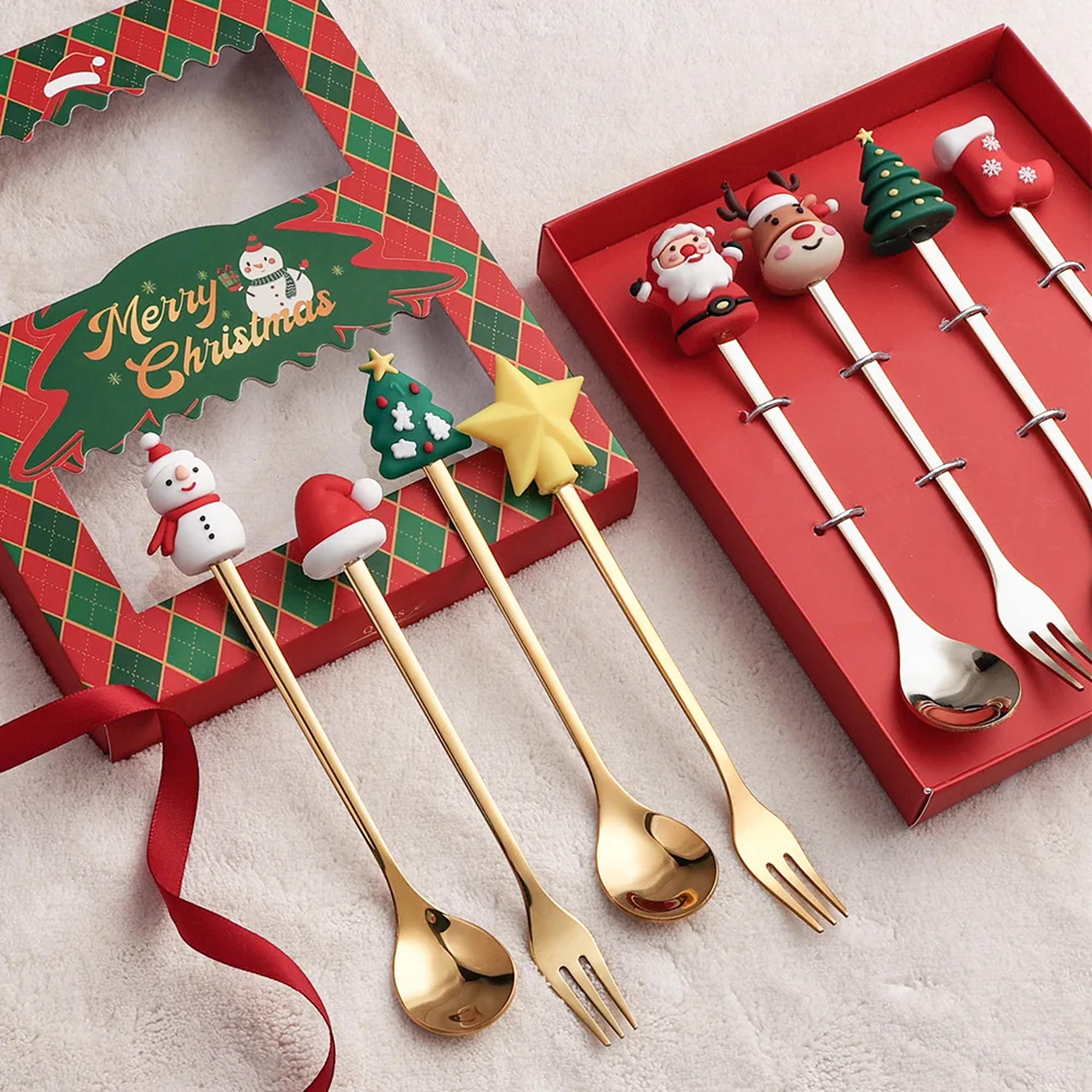christmas gift set, gold silver cutlery, spoon fork set, elk tree decoration, dessert scoop, fruit fork, coffee spoon