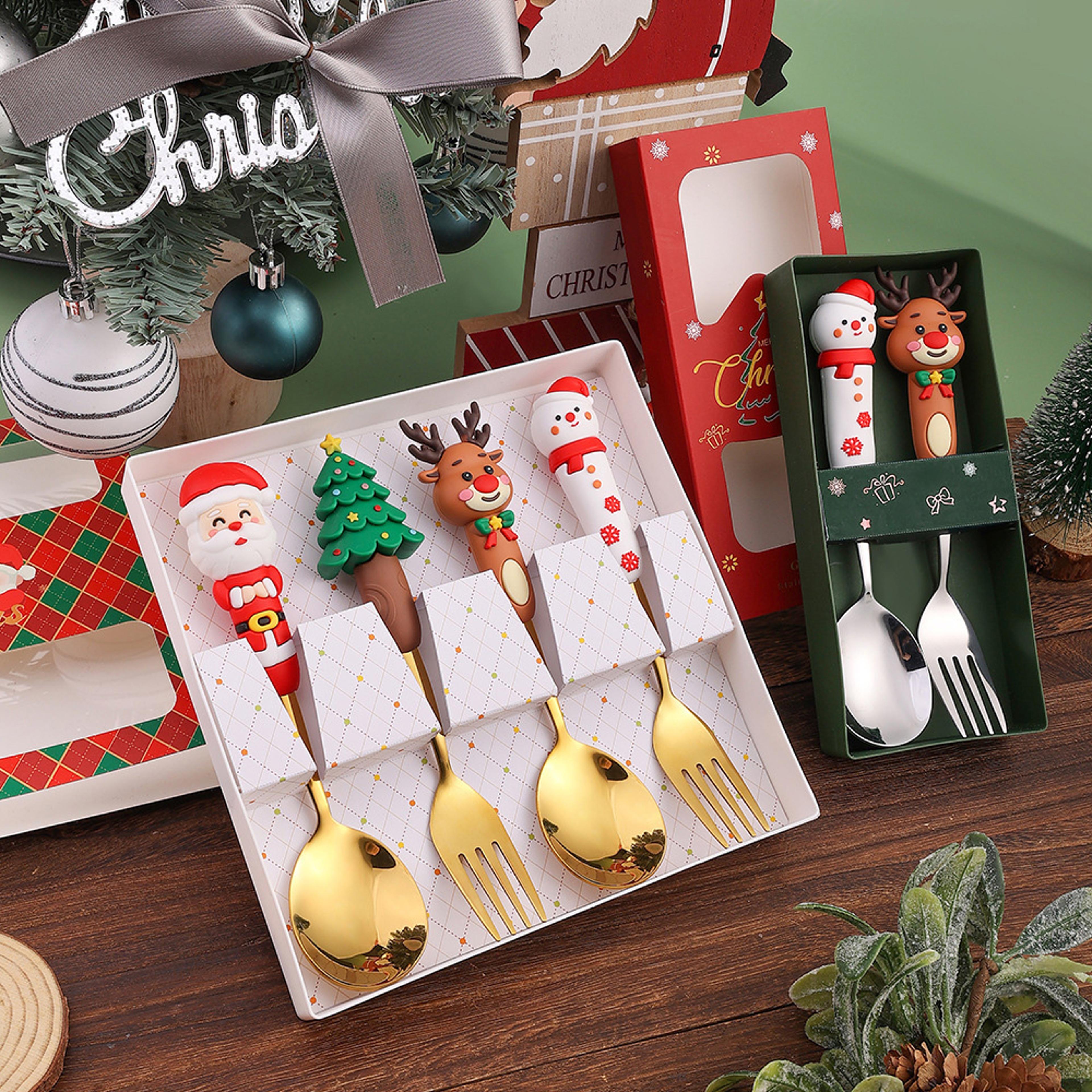 stainless steel christmas dinnerware, tableware, luxury gift box, santa cutlery, dessert fork, coffee spoon