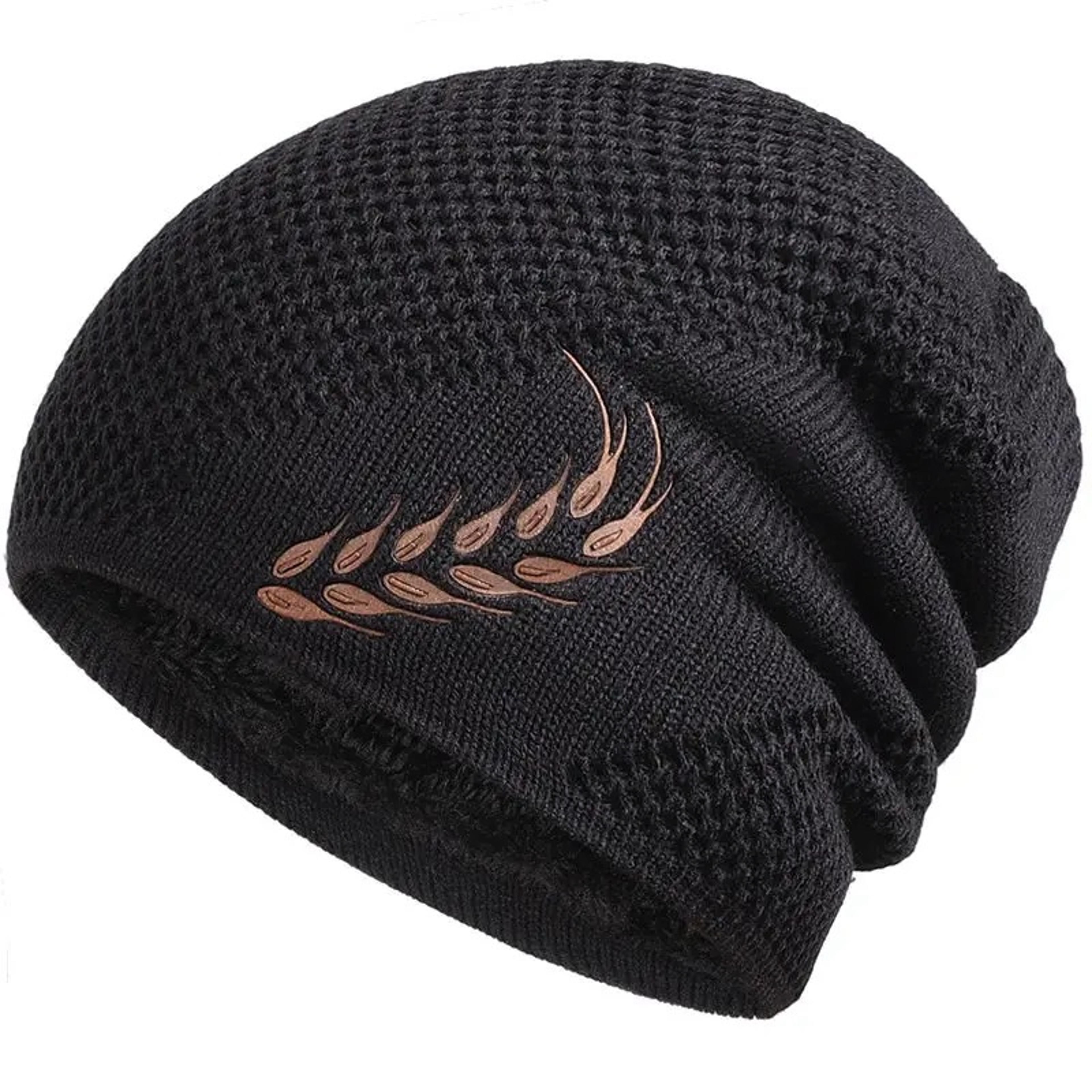 fur lined thick ski beanie cap, unisex warm winter beanie, knitted hat men women, hat fashion wheat embroidered