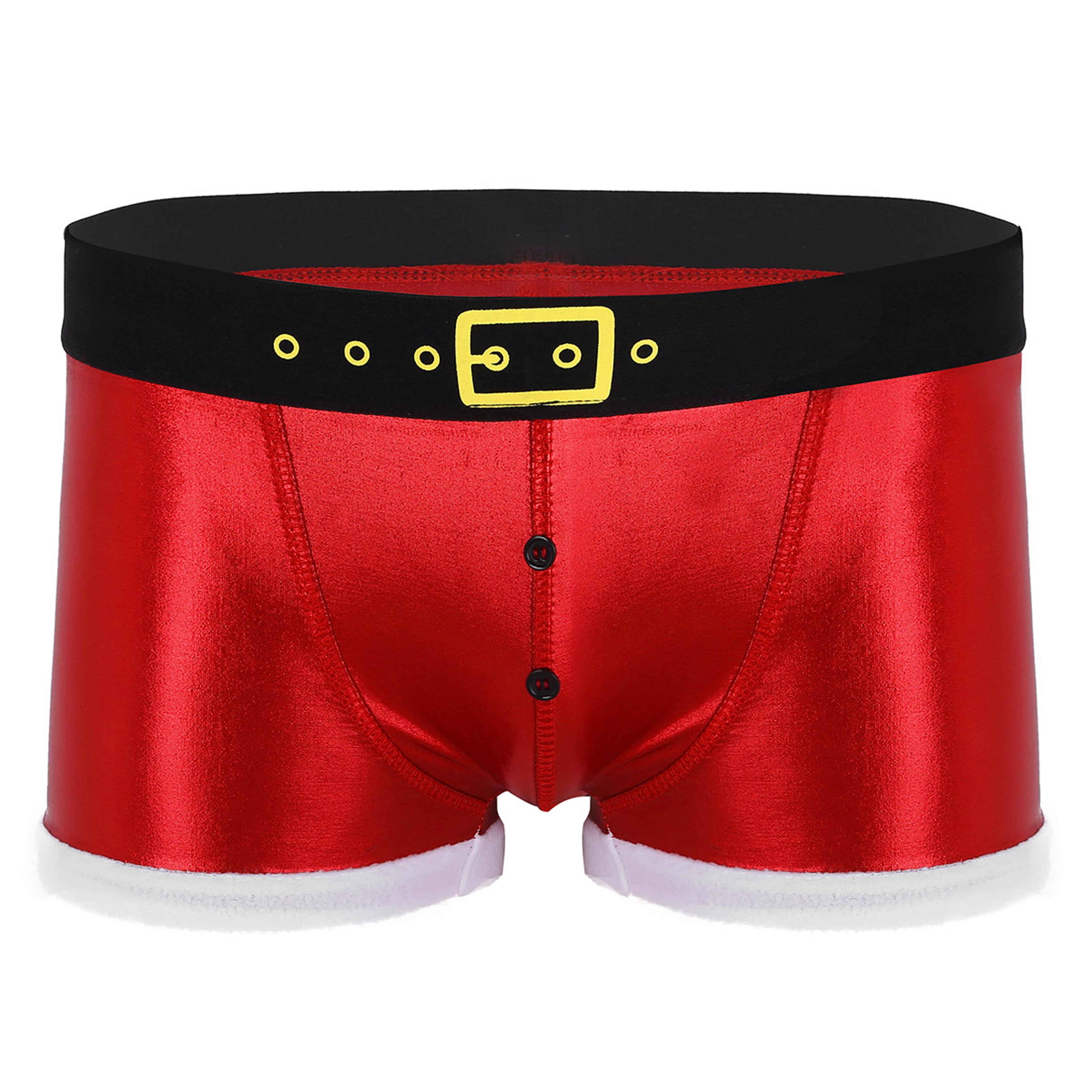 christmas underwear santa claus, men red faux leather boxer shorts, party panties costume, rave male underpants