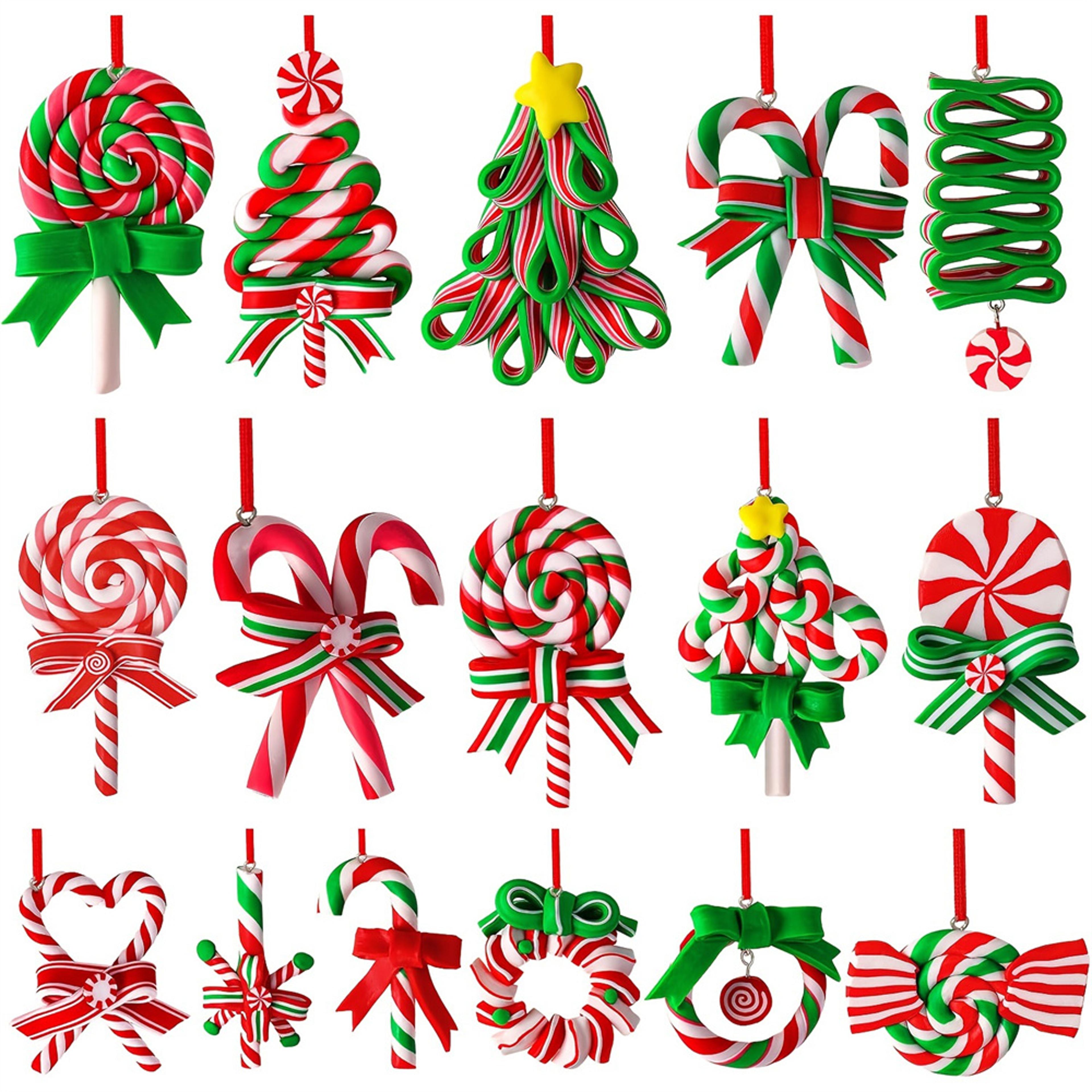 colorful wood candy cane ornaments, christmas lollipop, polymer clay peppermint pendants, hanging decorations