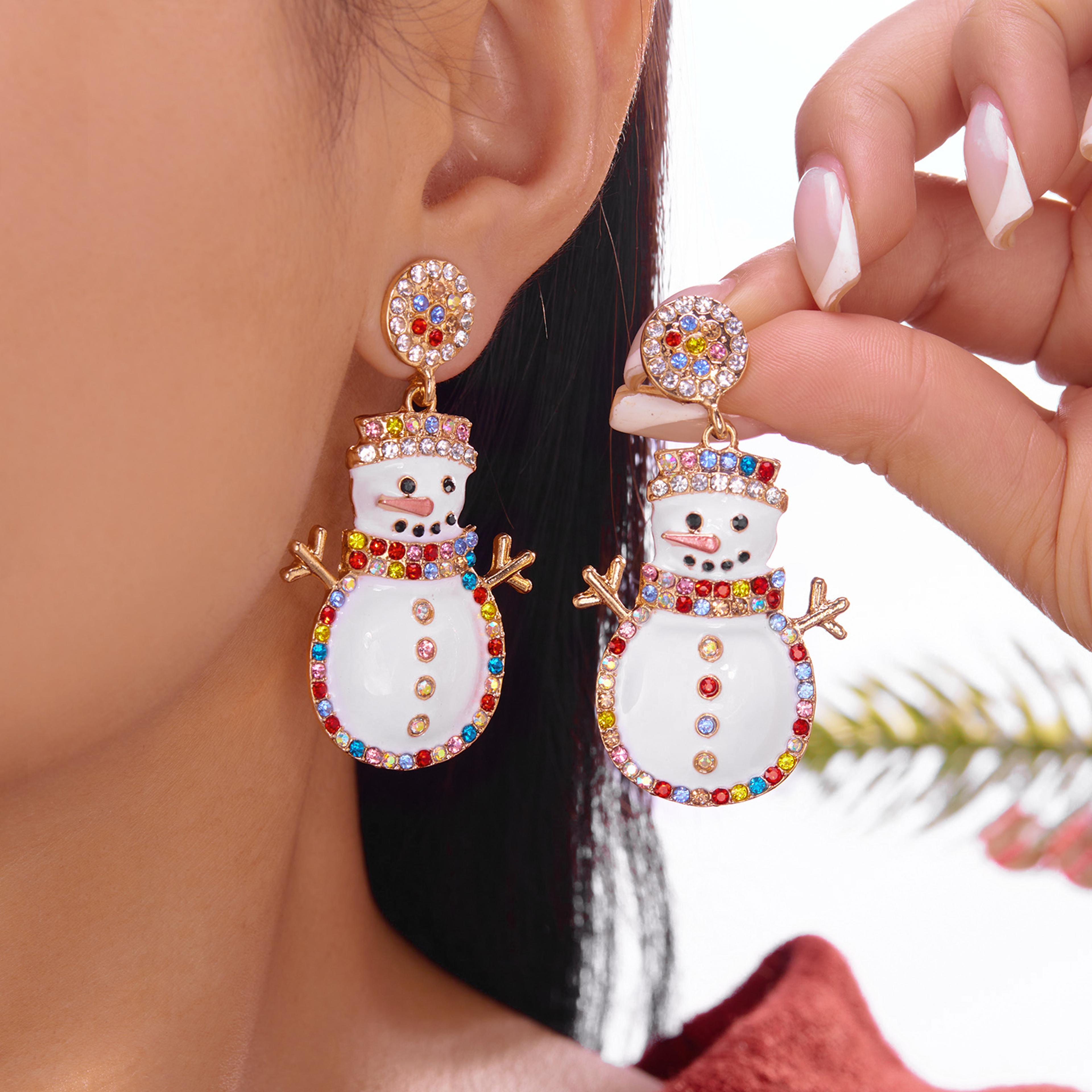 cute snowman, colorful crystal zircon, dangle earrings for women, christmas tree snowflake bow, xmas new year party gift