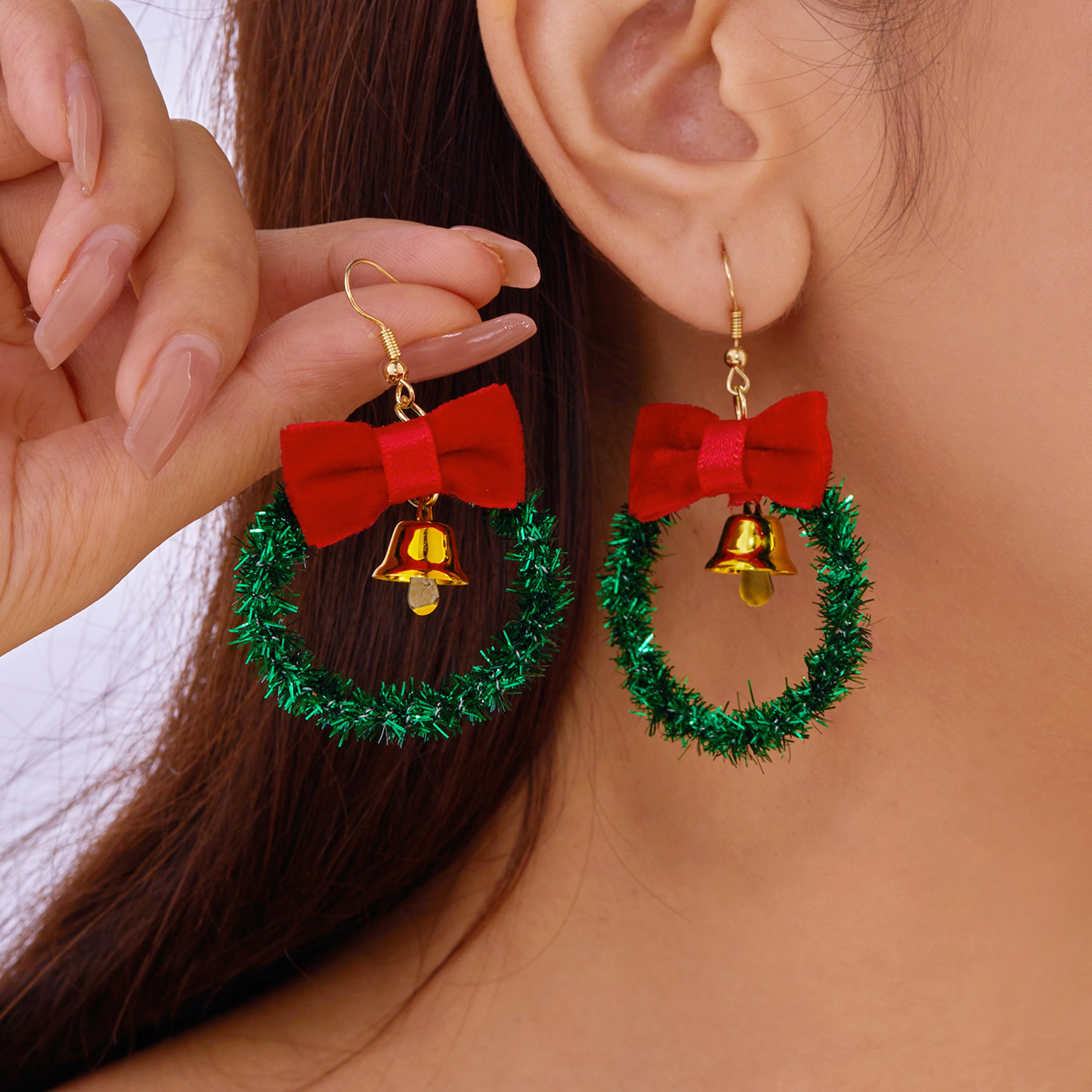 women jewelry christmas tree bell earrings, fashion red green xmas stud, wreath star bowknot dangle drop