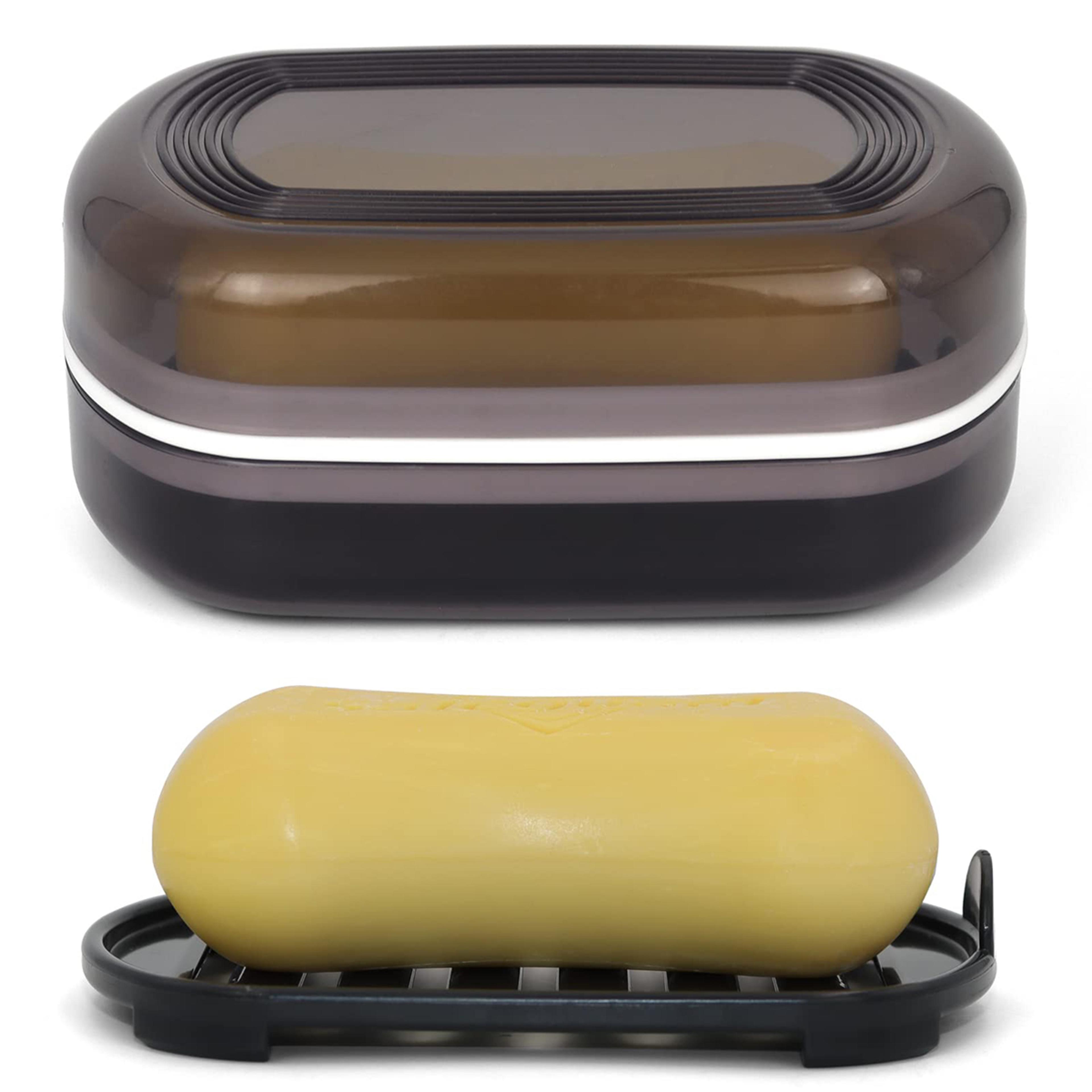 bathroom soap holder, portable container box, travel soap dish, bamboo storage, black covered, double layered