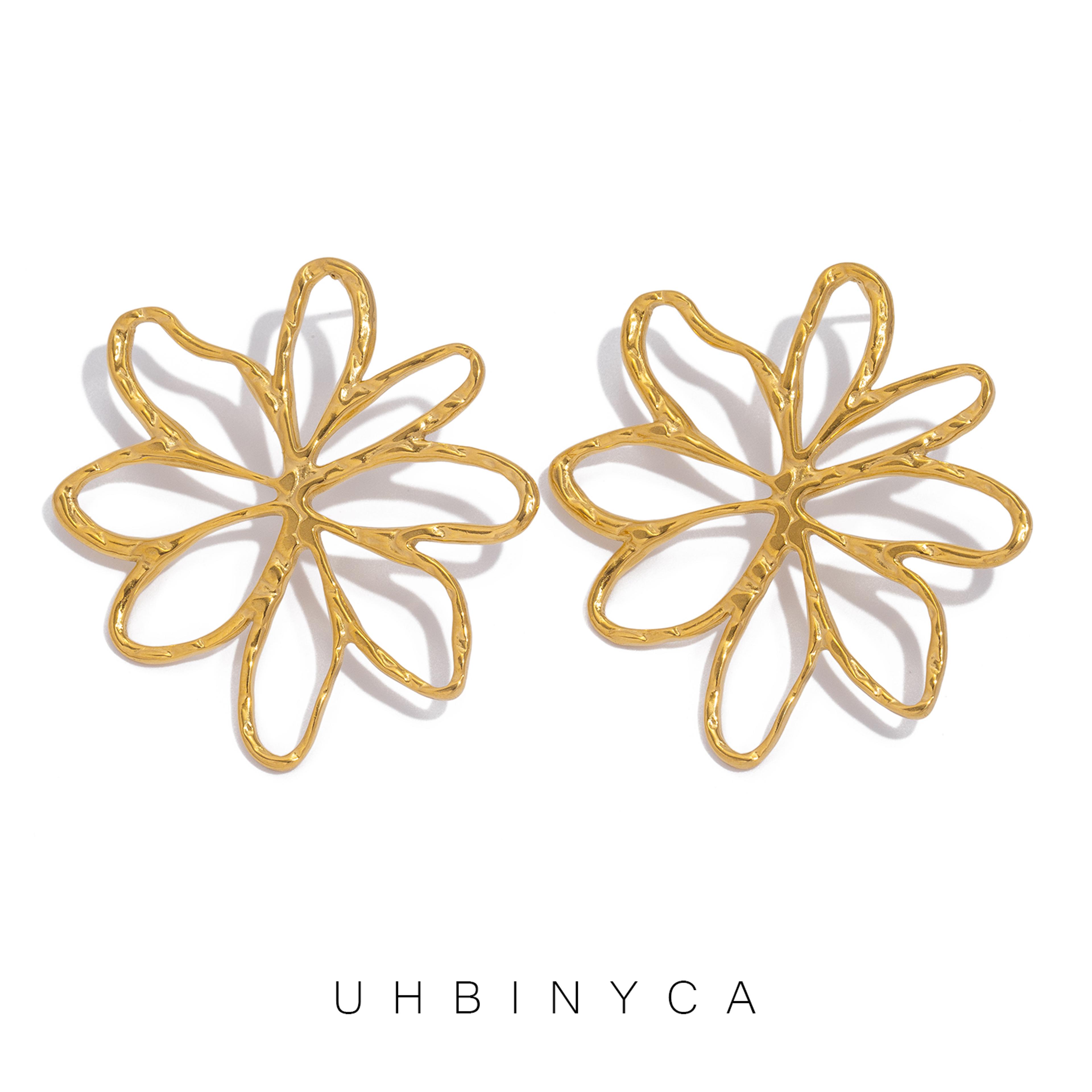 gold plated hollow flower earrings, stainless steel, delicate timeless jewelry for daily wear