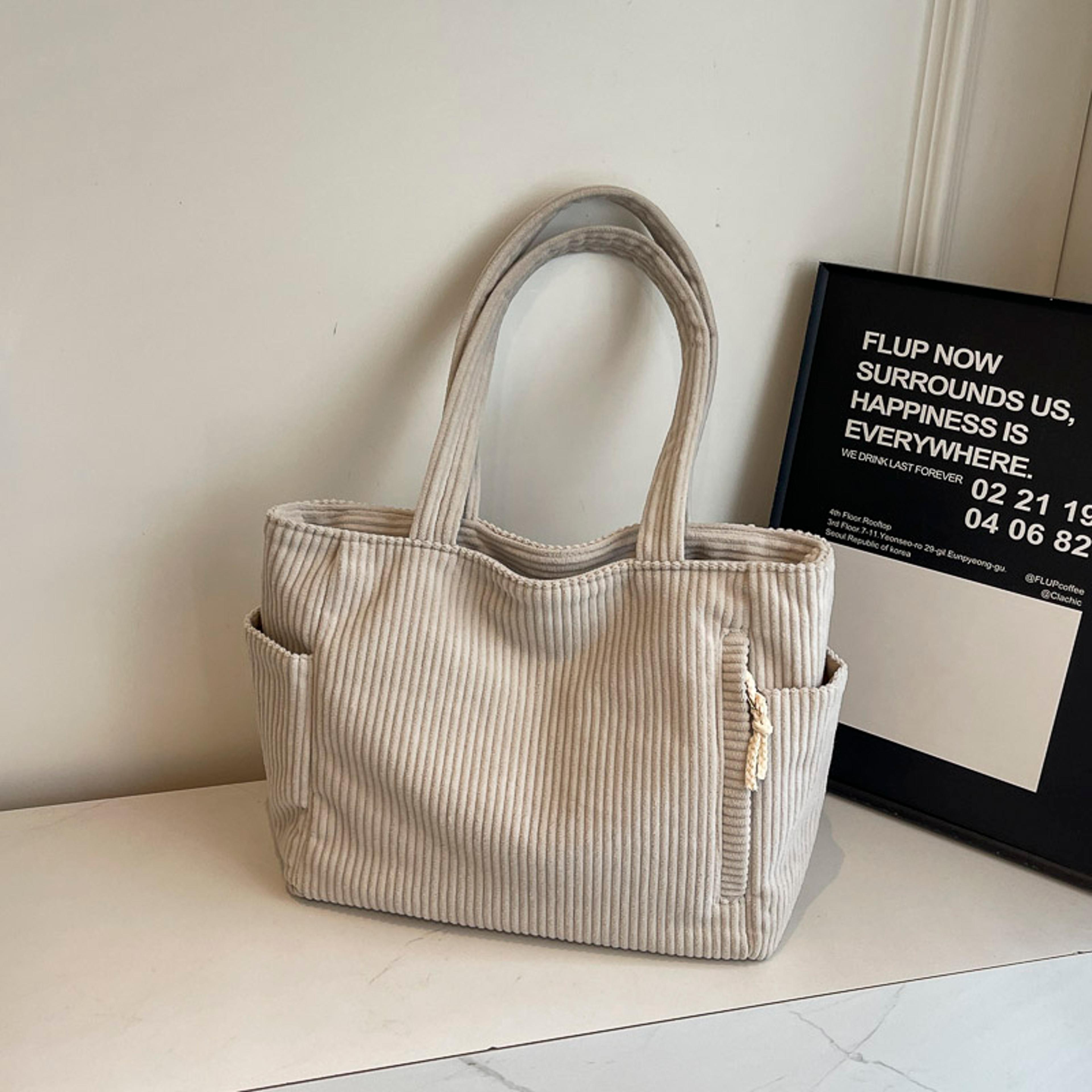 light corduroy handbag, casual daily commuter handbag, large capacity, solid color, zipper closure, fixed shoulder strap