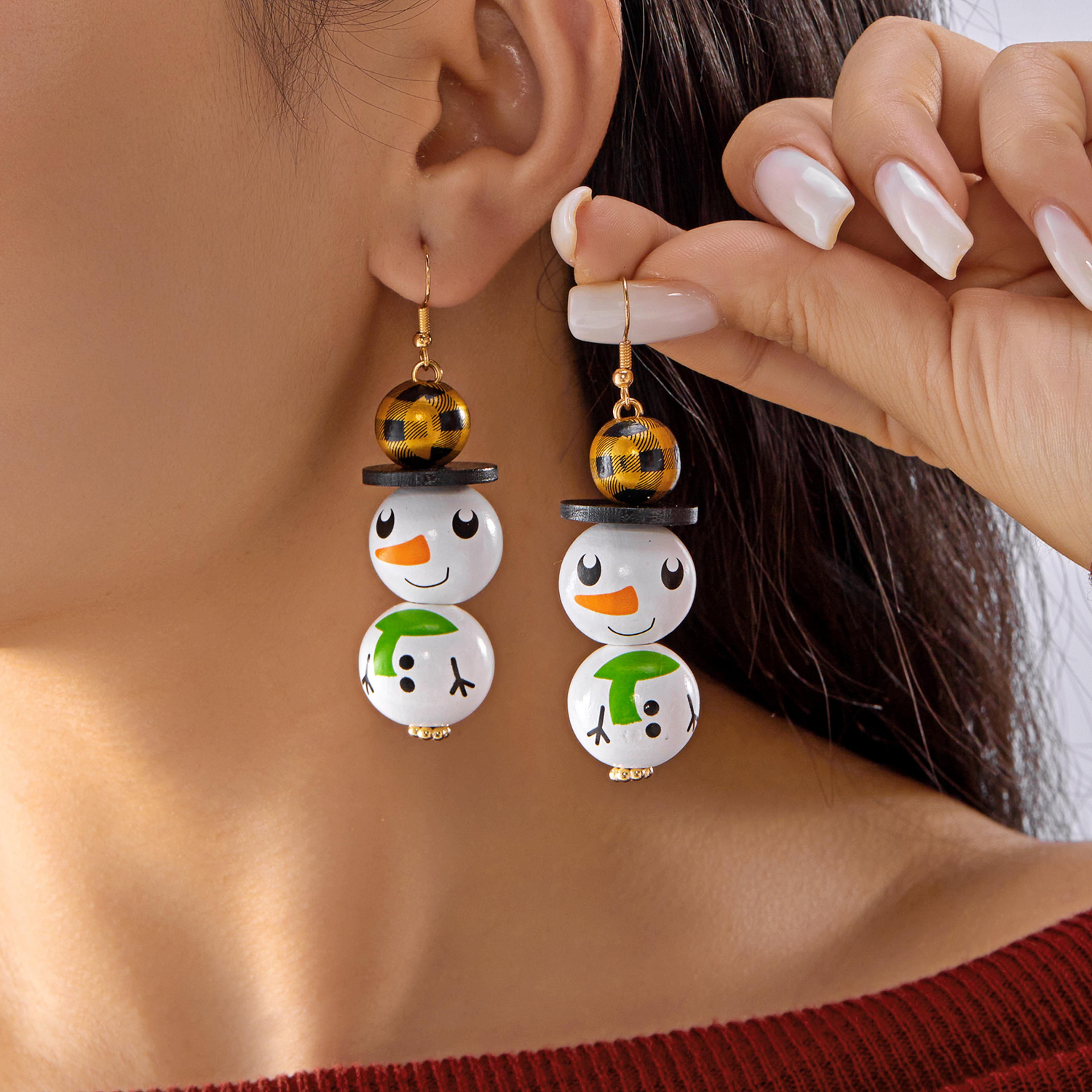 dangle earrings for women cute santa, cartoon wooden pattern xmas snowman, wood beads earring, christmas party, new year