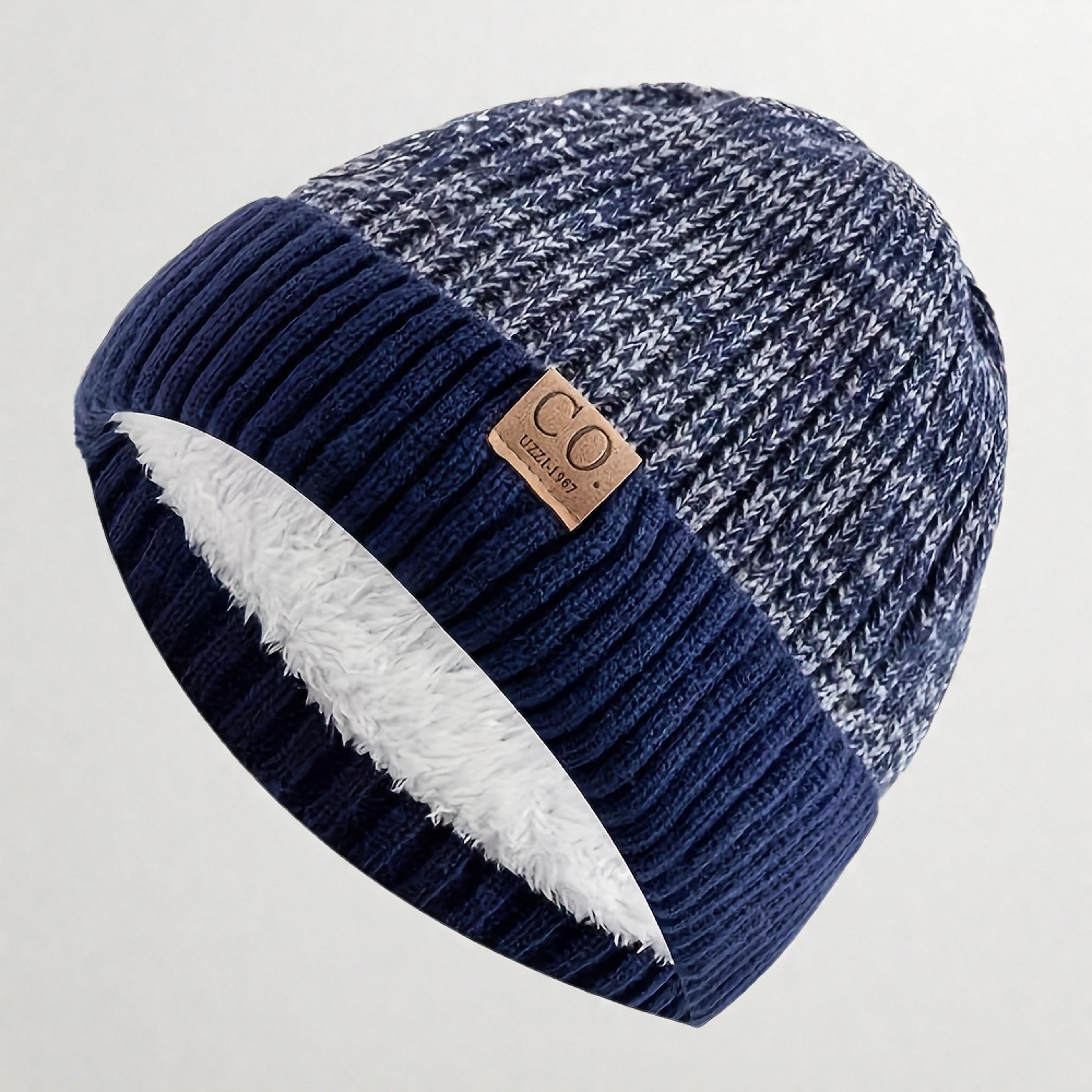 navy blue and white striped winter hat, leather patch beanie, mens sports knitted hat, soft warm knit cap
