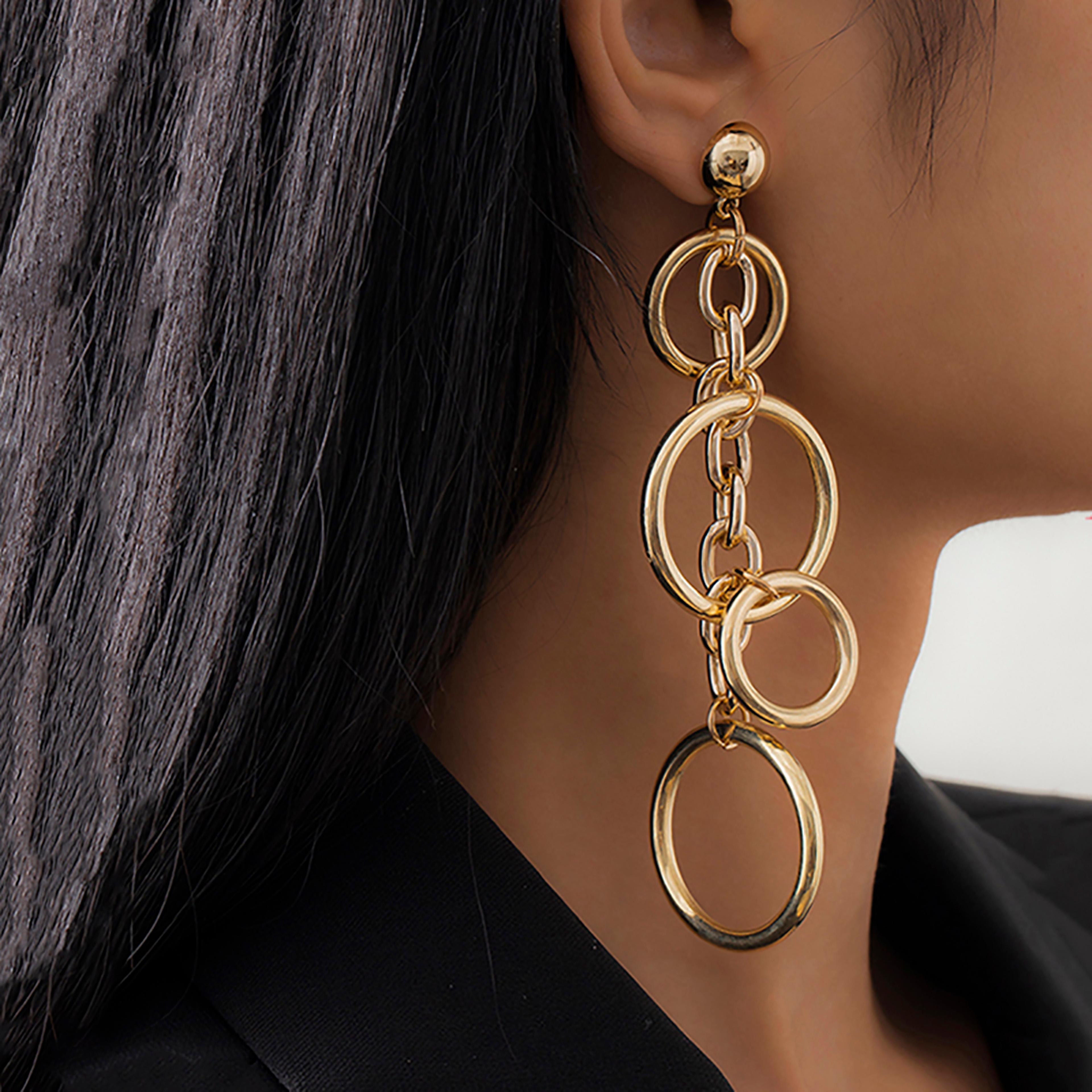 fashion statement large drop earrings for women, punk long big circle link chain earrings, hiphop jewelry gift