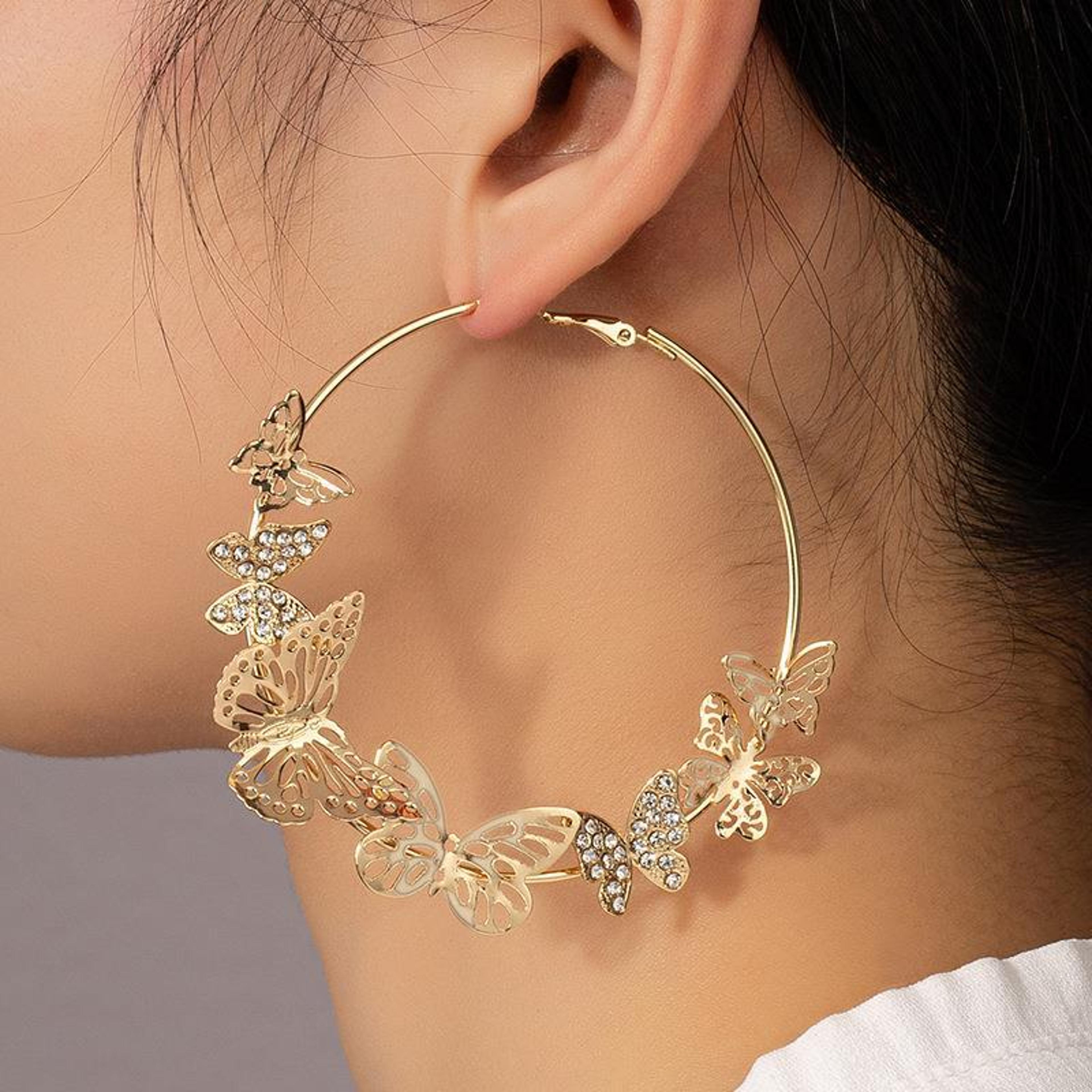 stylish golden hoop earrings, exaggerated butterfly geometric circle loop