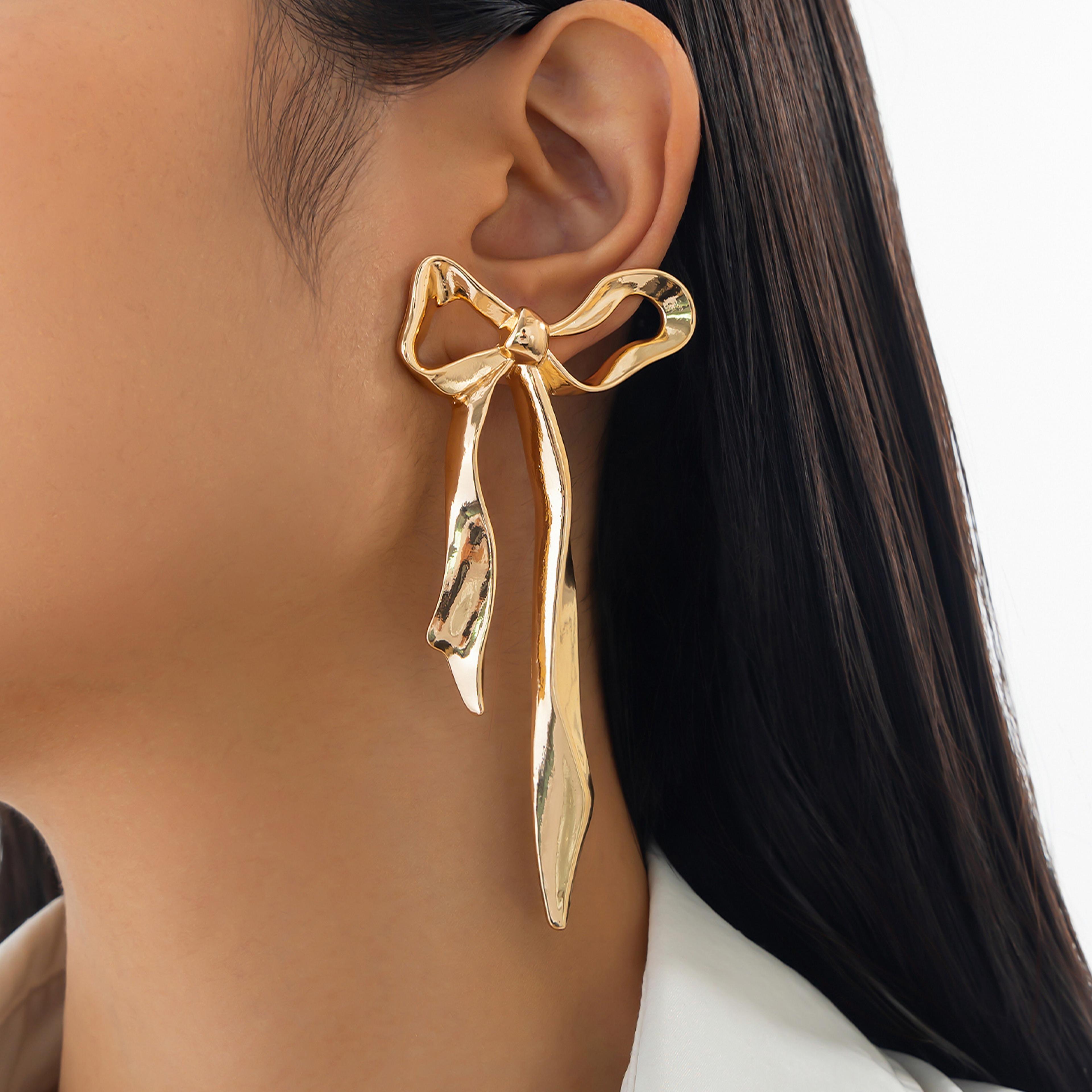 ingemark gold bow bowknot long tassel drop earrings, classic piercing earrings for women