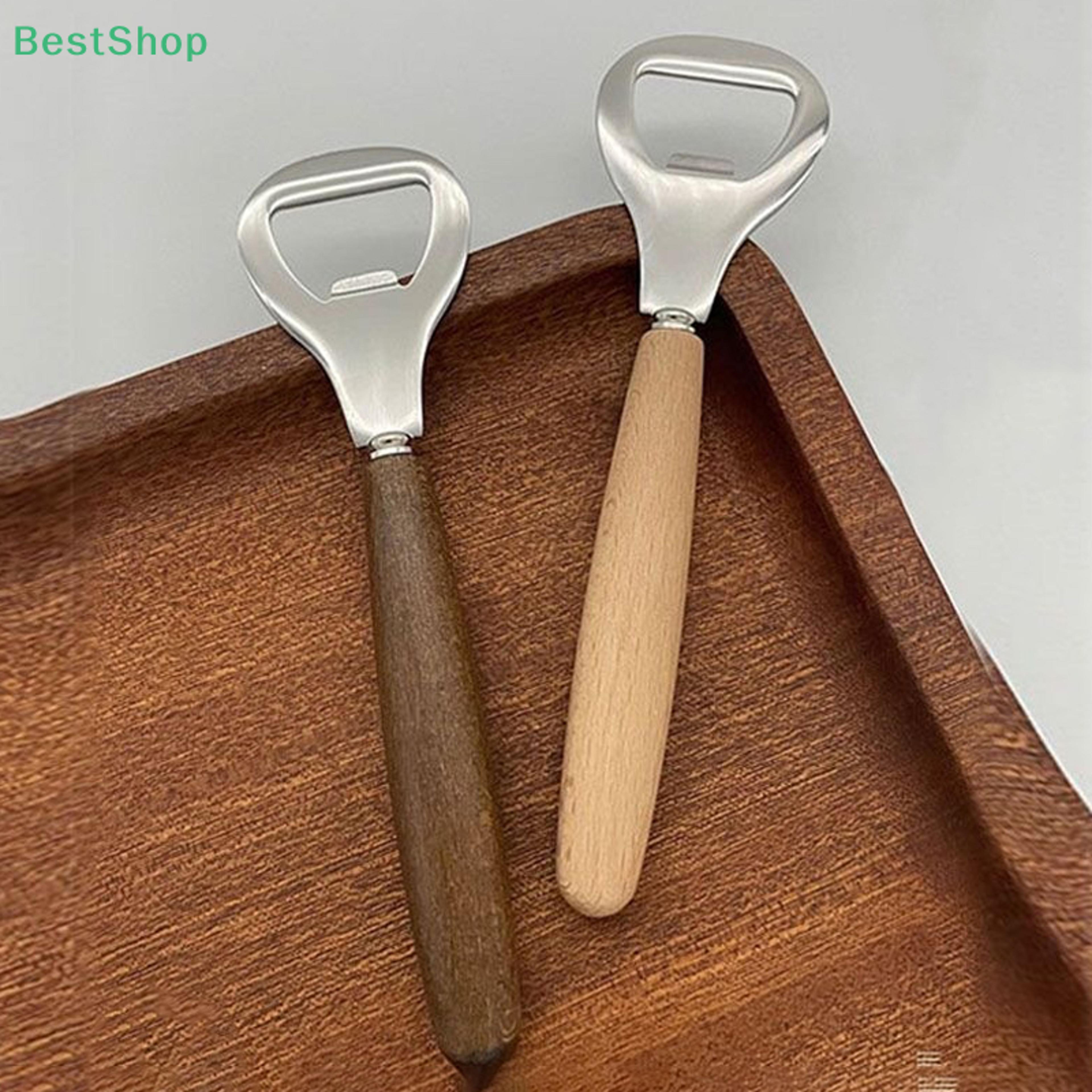 beer and soda drink opener, wooden handle stainless steel bottle opener