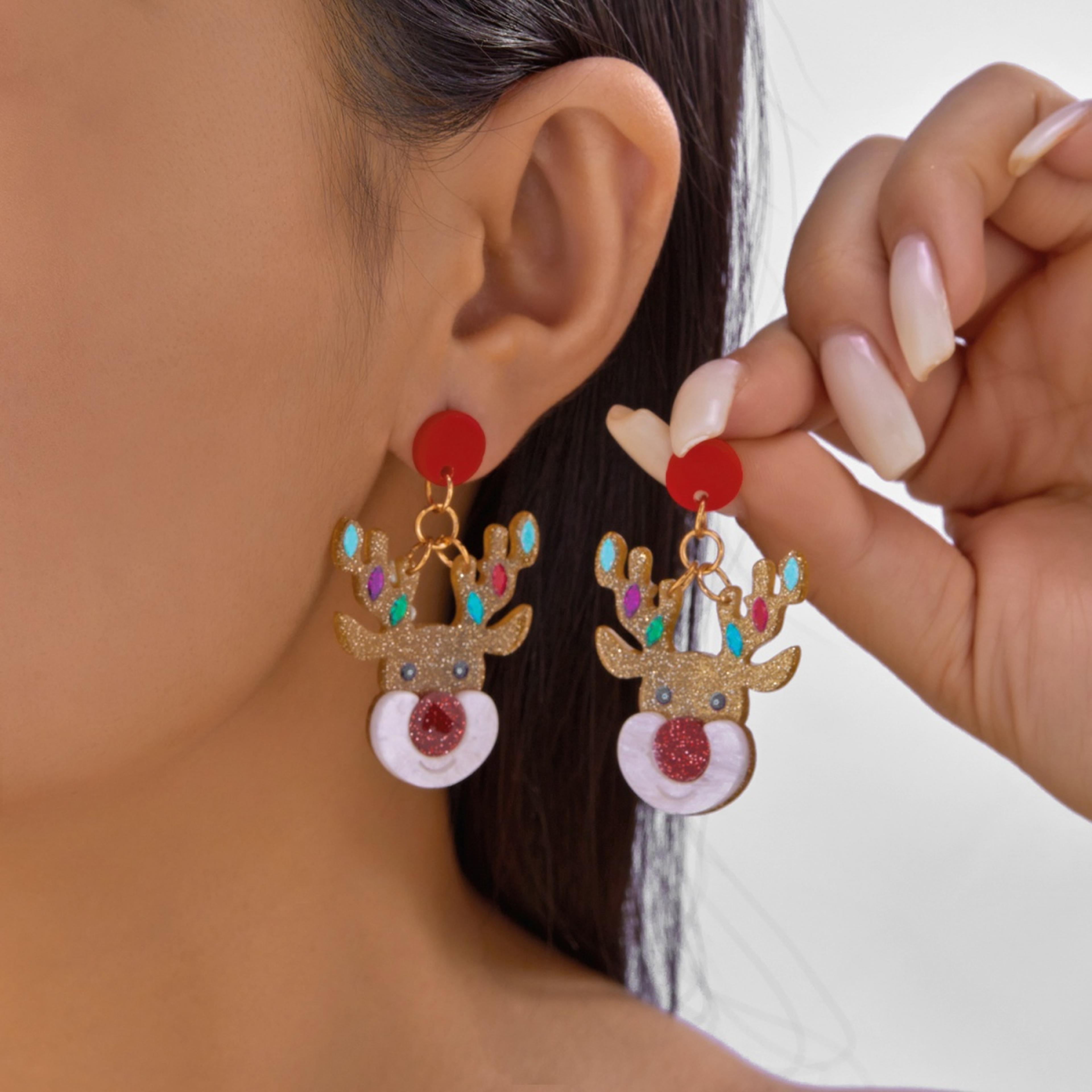 deer candy crutch, xmas tree soldier, christmas acrylic heart santa claus, drop earrings, cute holiday jewelry