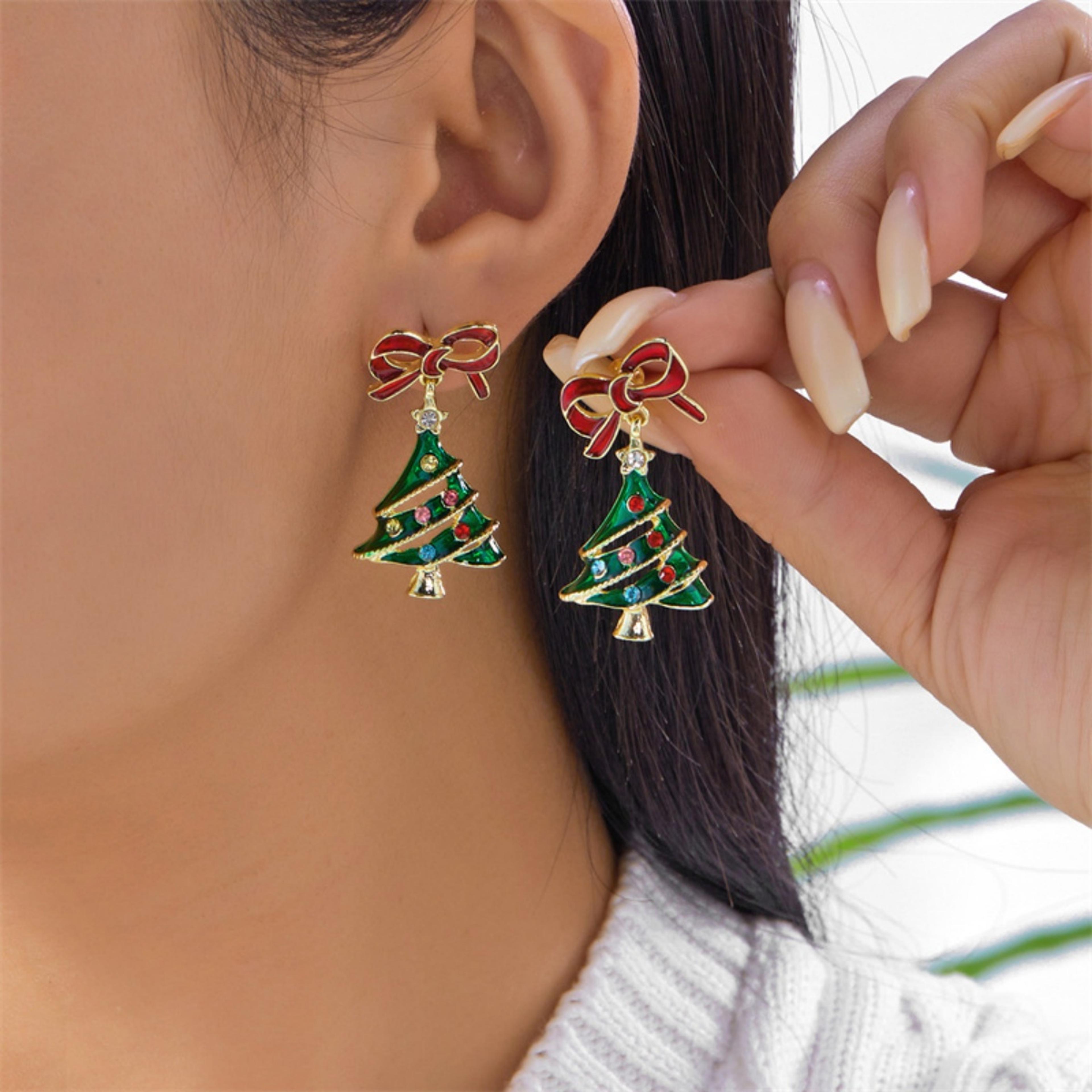 colorful rhinestone enamel tree earrings, christmas red bowknot holiday dangle jewelry gift