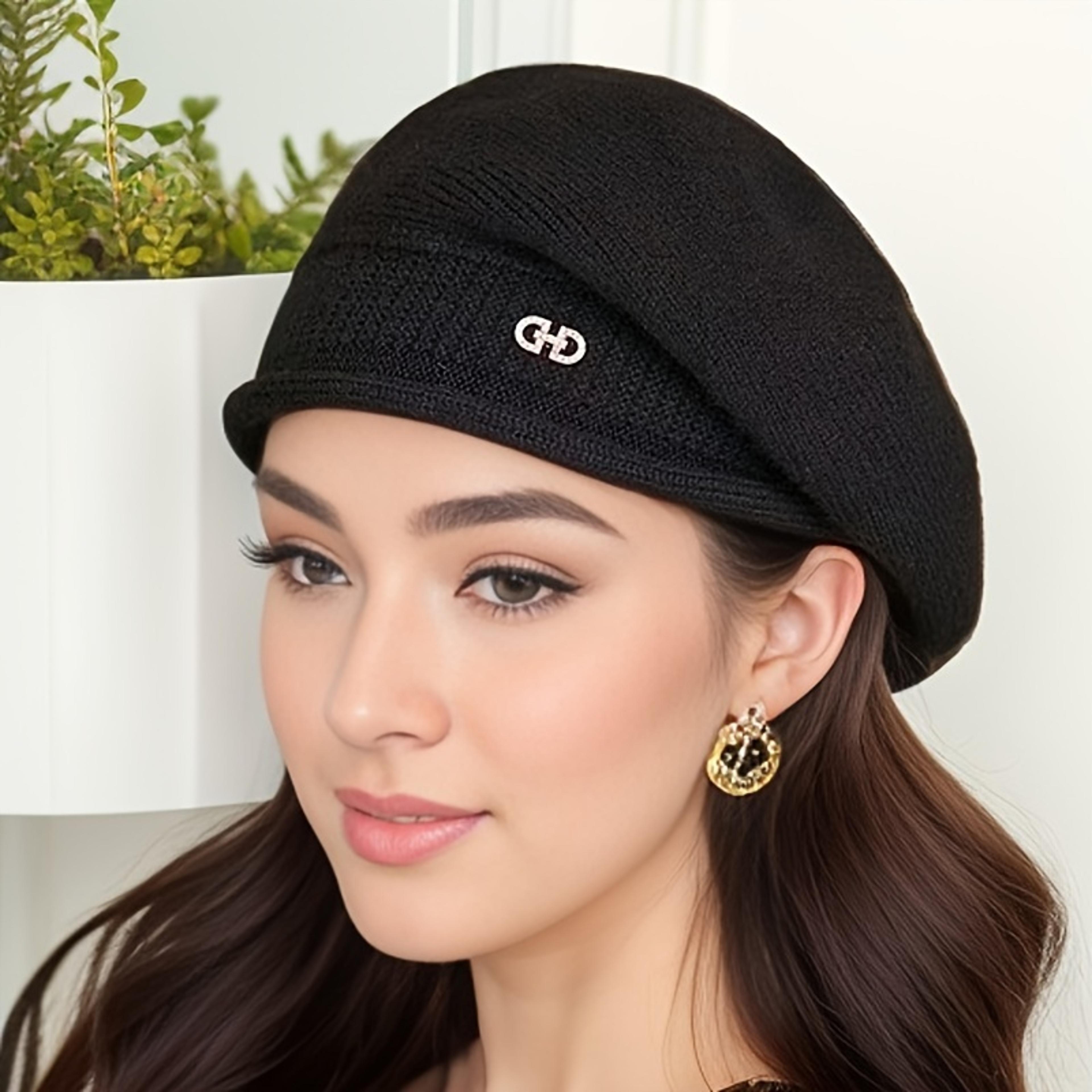 women's winter knitted hat - soft, elastic, foldable, portable design, black gold print