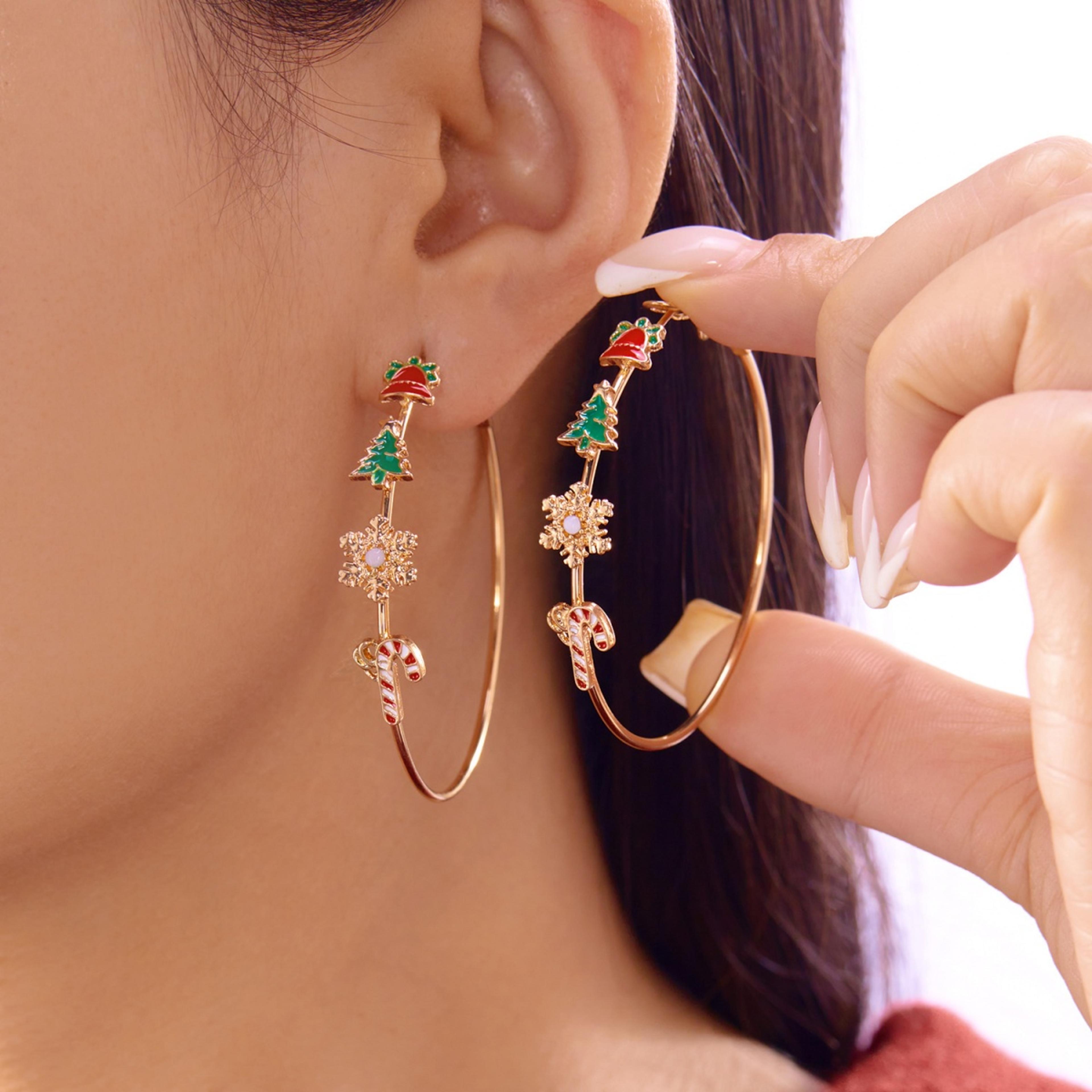 holiday dangle earrings, exaggerated christmas bell tree snowflake hoop earrings, round circle earrings for women