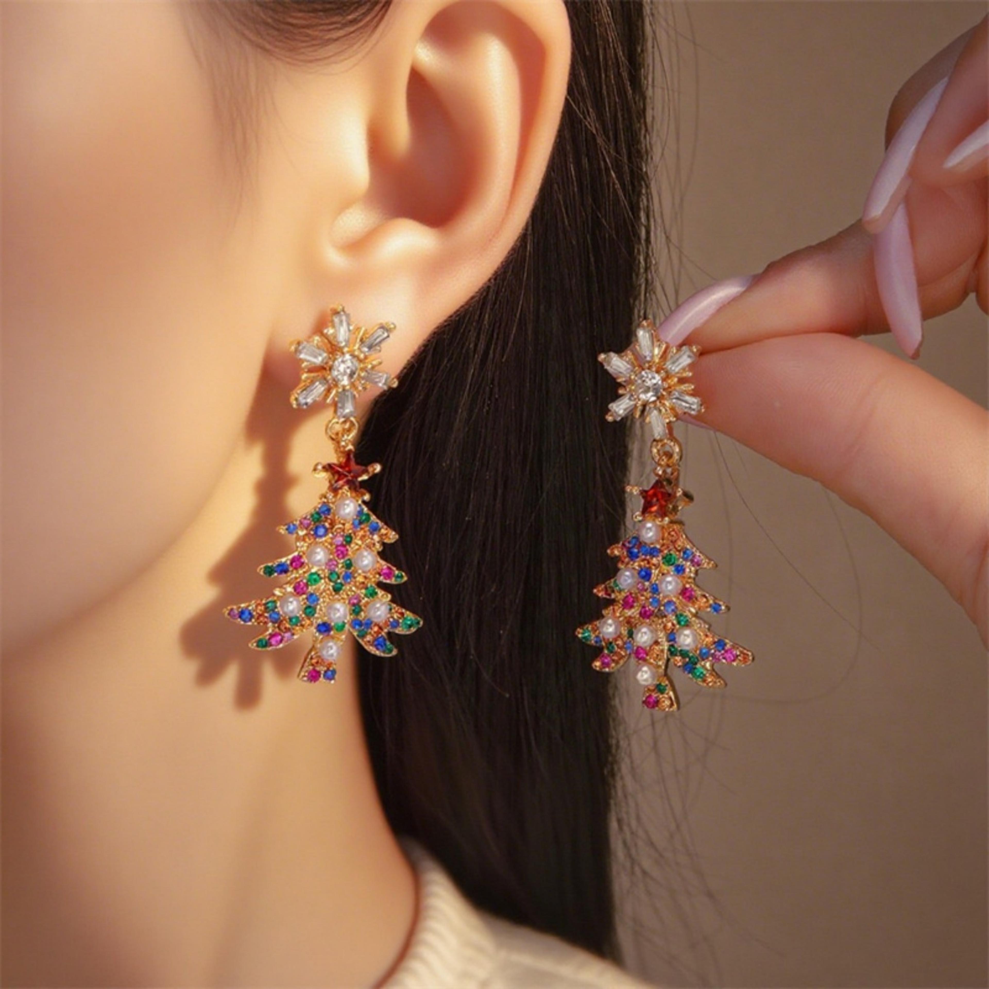 holiday tree star bell dangle earrings, rhinestone snowflake jewelry for christmas and new year