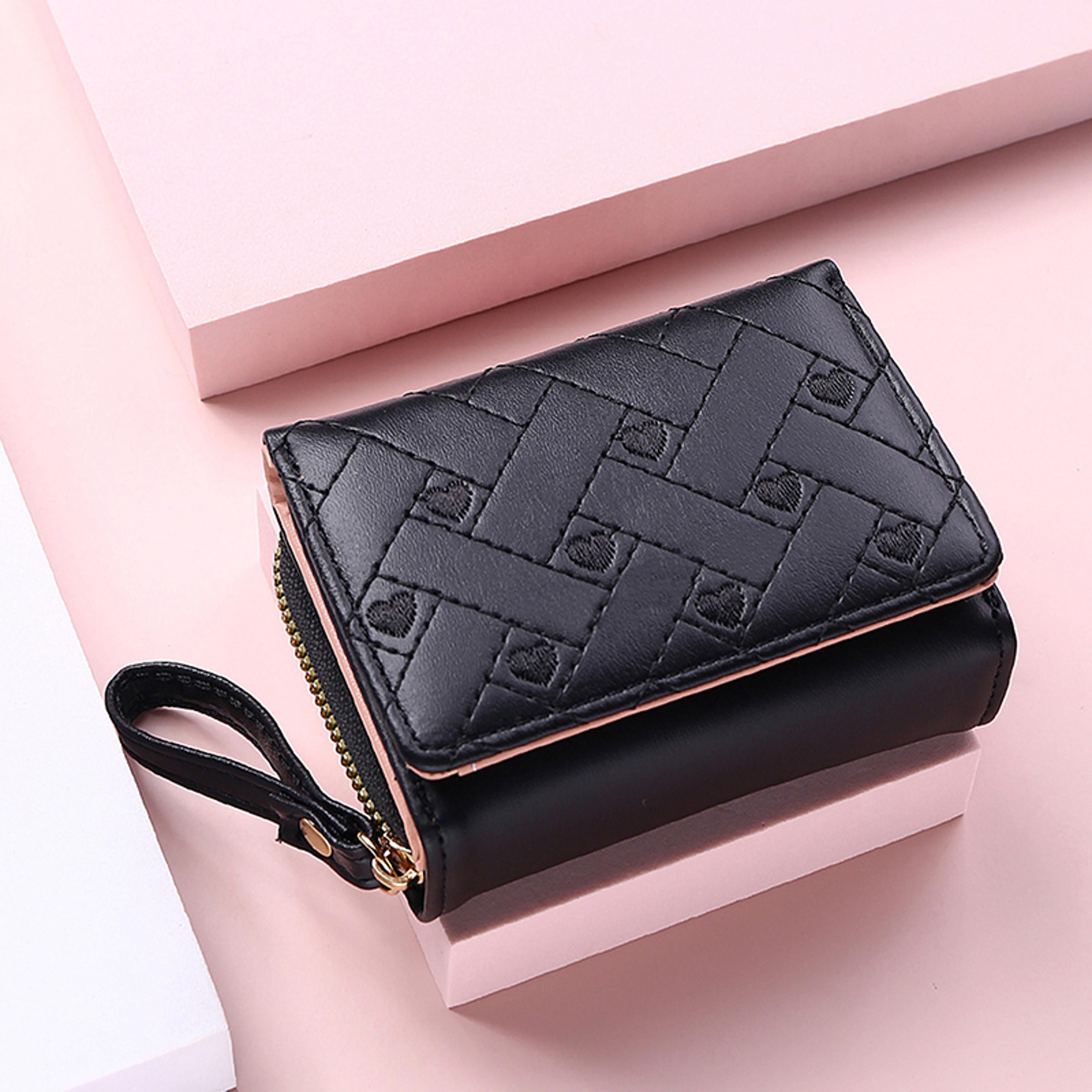 leather women's wallet, embroidered love tri-fold small wallet, card holder, coin purse