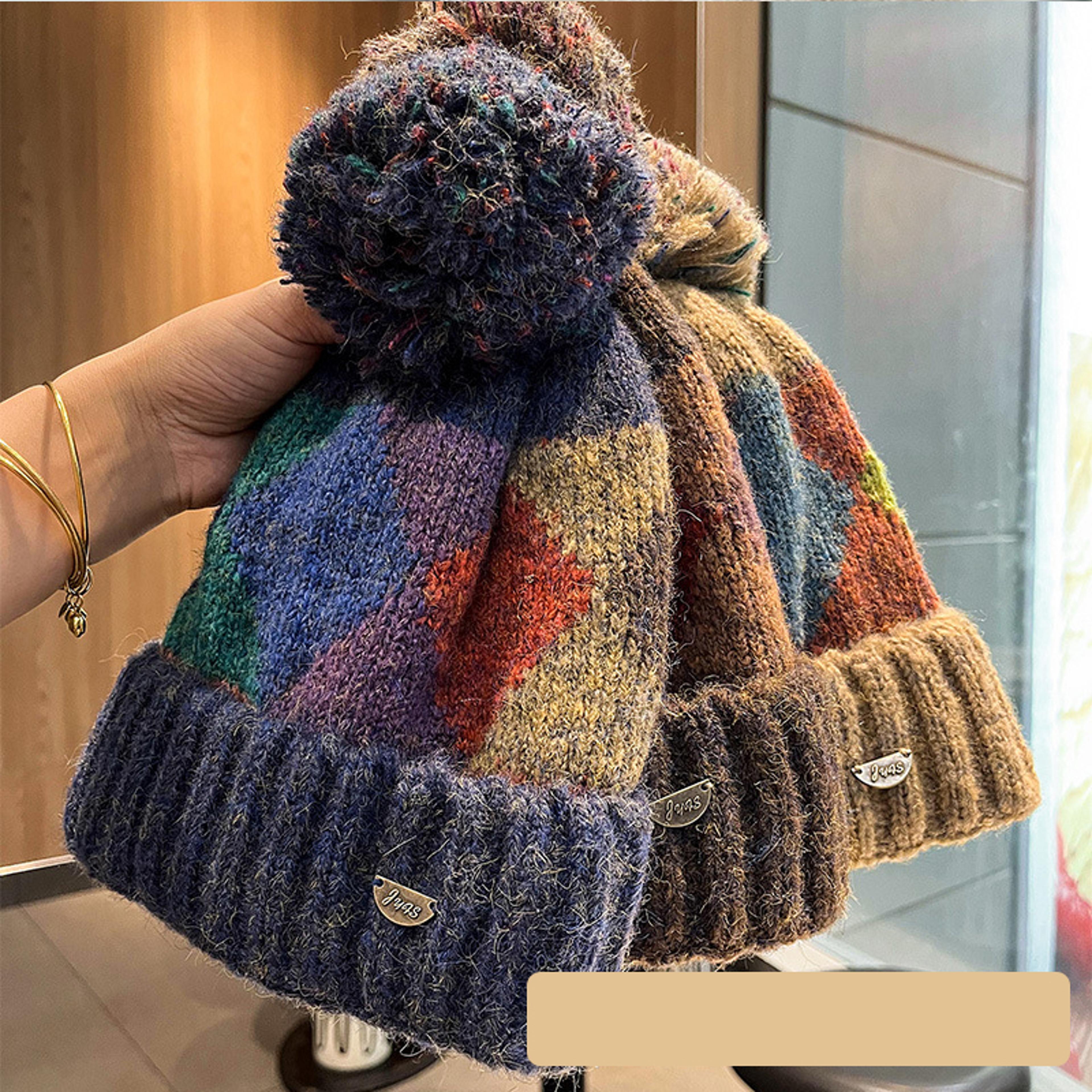 winter knitted slouchy hat for women warm thick colorblock pom pom beanie women warm thick cable cap