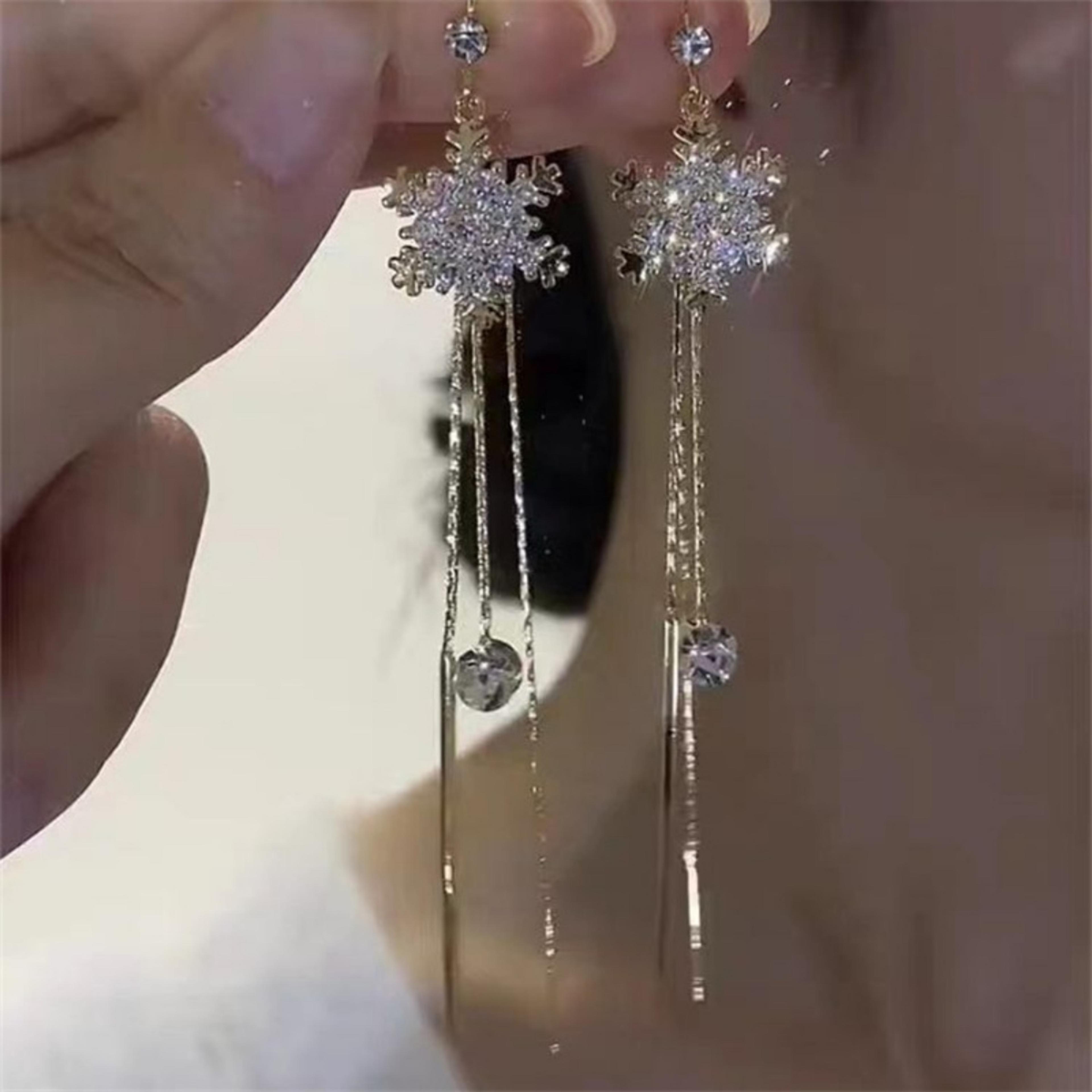long fringe drop earrings with snowflake design, full zircon inlaid for women snow flower ear line for women men jewelry
