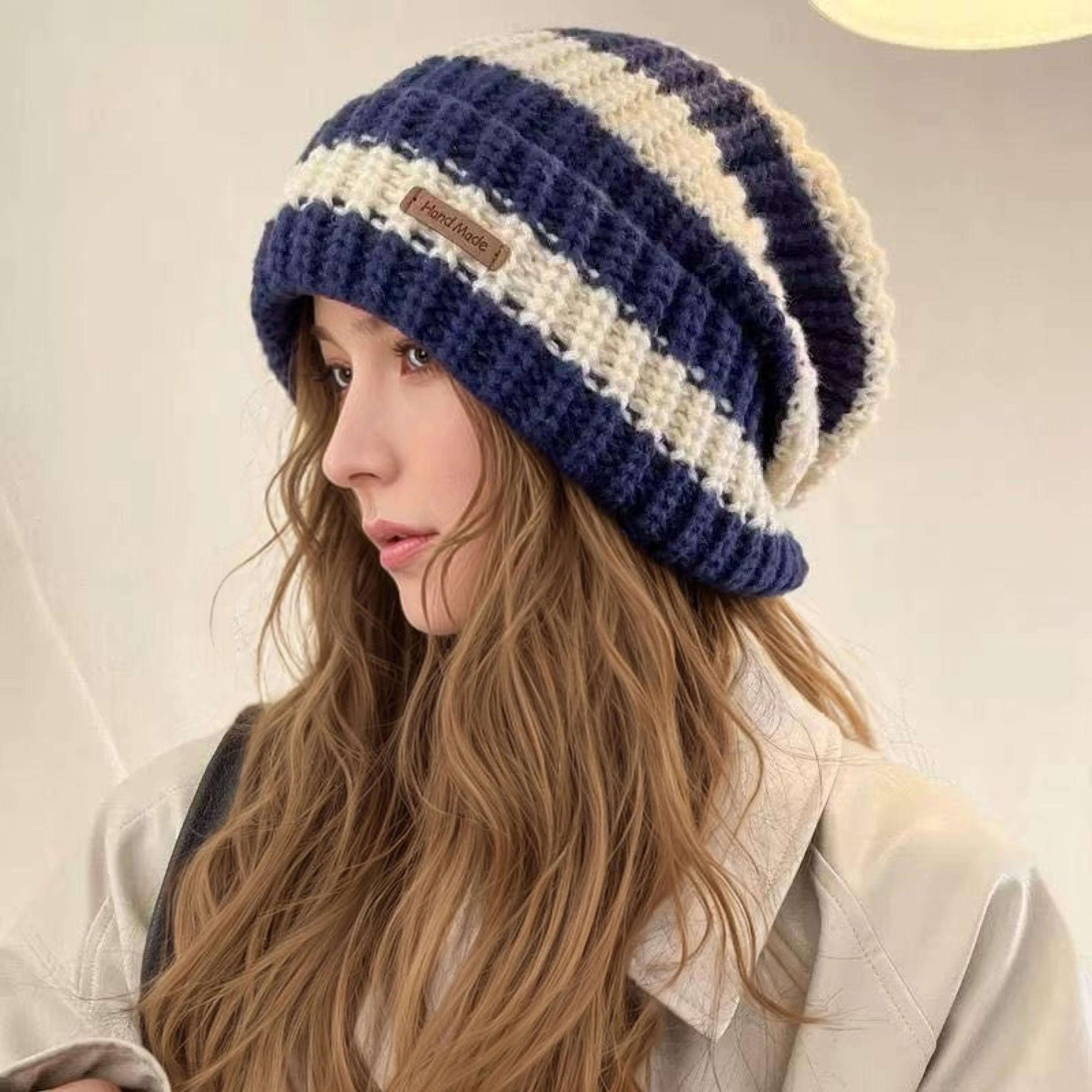 fashion stripe stitching beanie hat soft, hot sale women slouchy winter hat, knit hats female streetwear cap cozy fit
