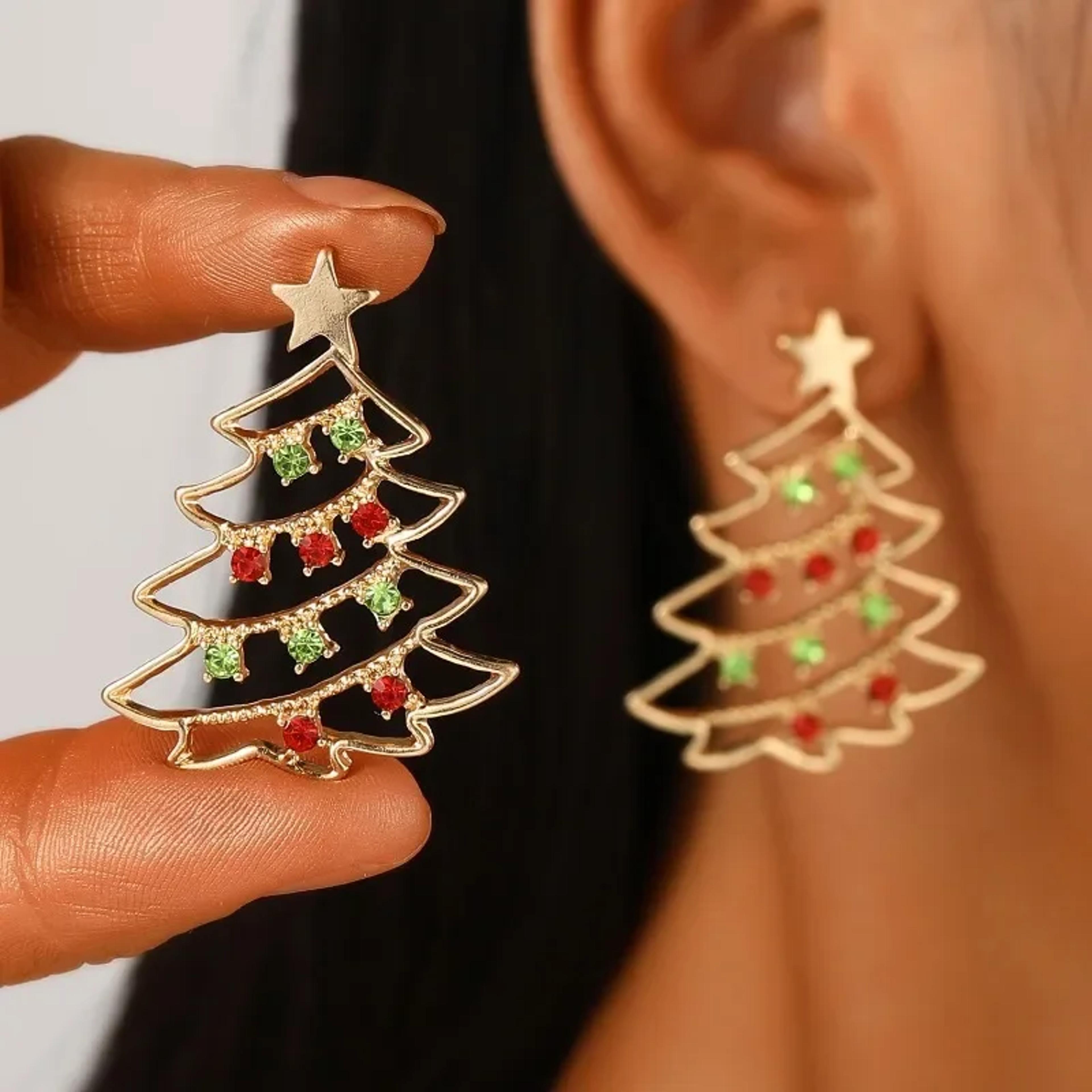 simple christmas tree earrings with colored zircon, creative fashion jewelry gift for women