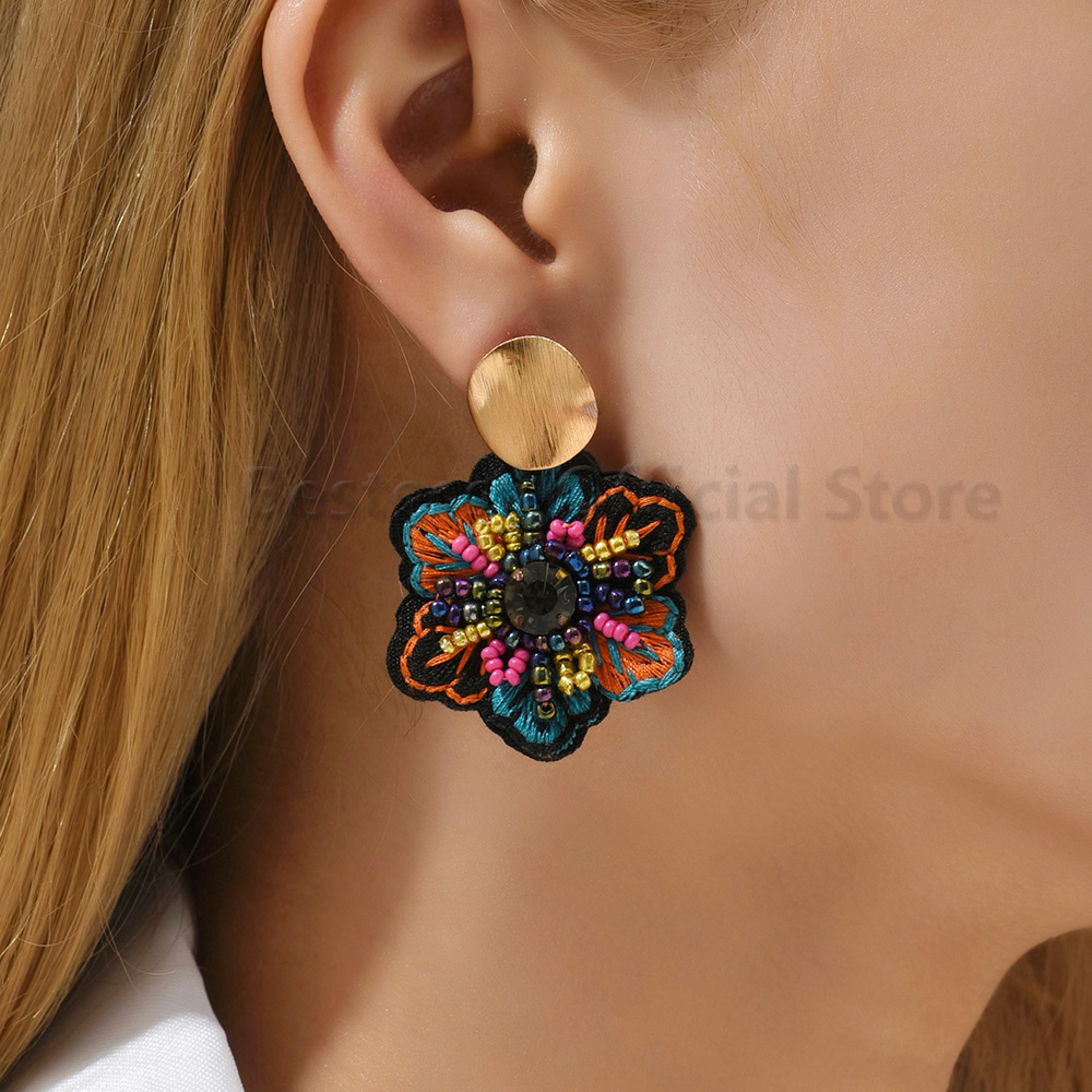 elegant handmade embroidered flower dangle earrings, boho luxury, colorful rice beads jewelry