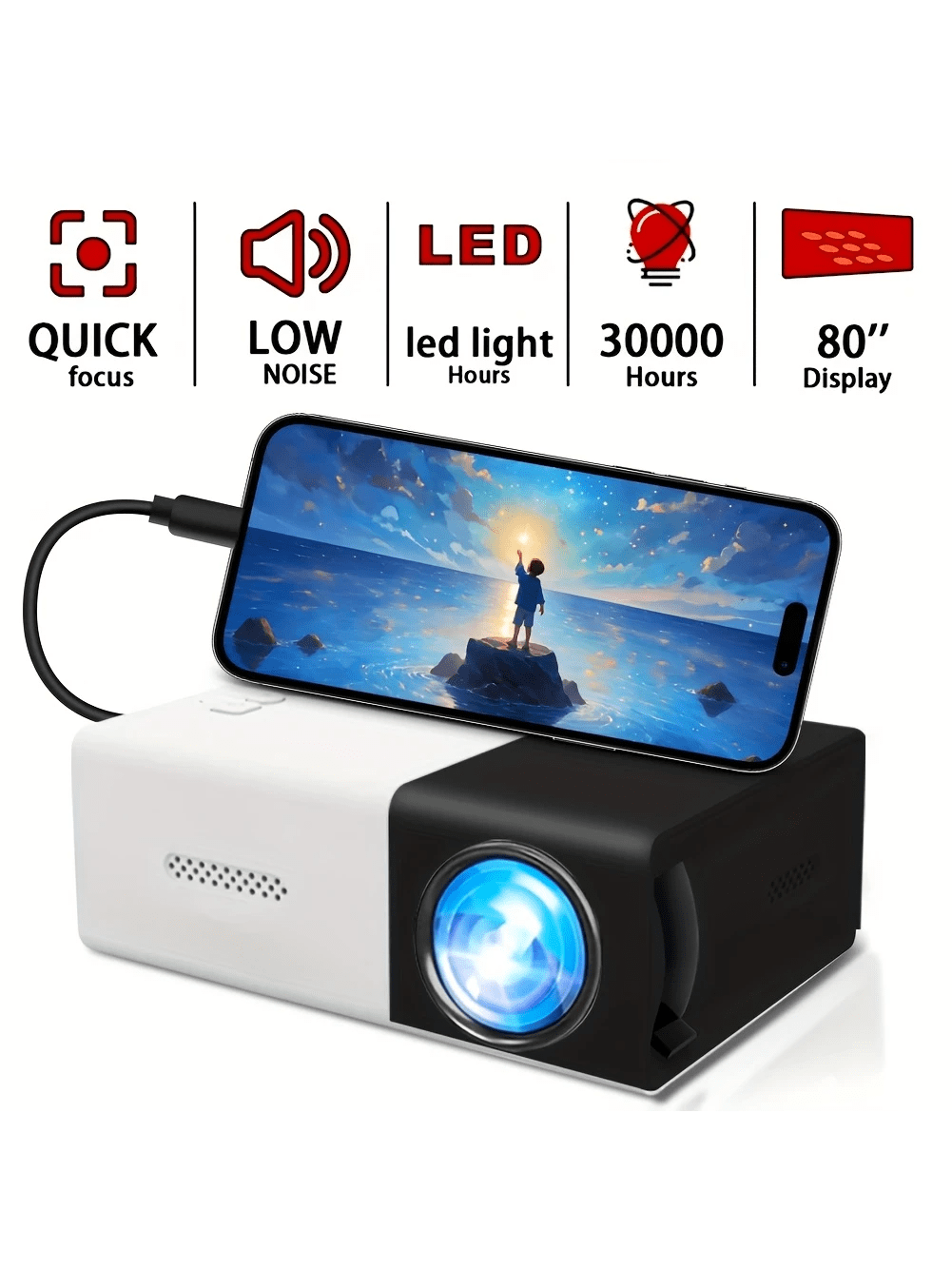 mini smart hd projector with remote, usb, phone screen sharing for travel/office