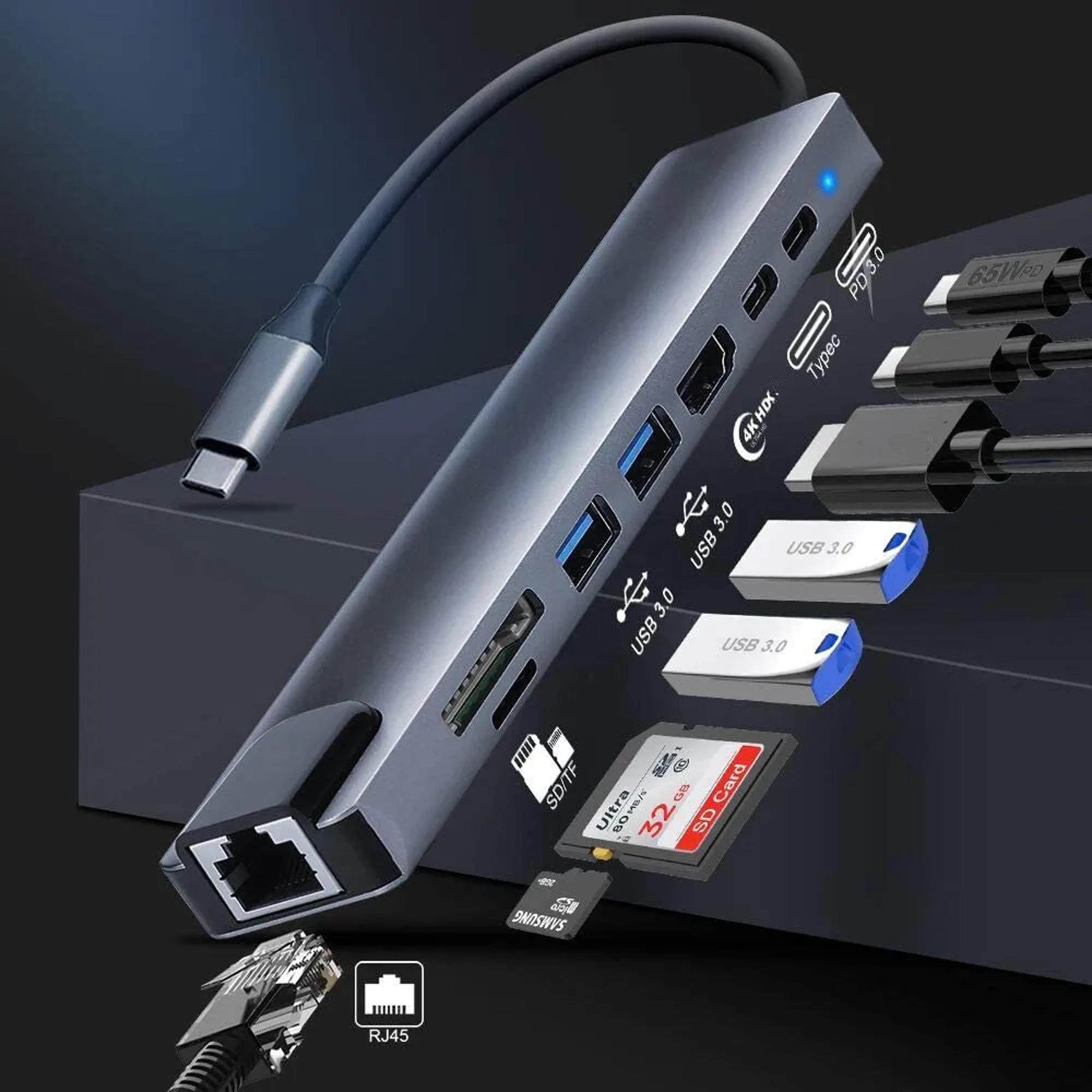 laptop adapter with usb hub, hdmi, tf/sd card, pd charge dock station & type-c splitter