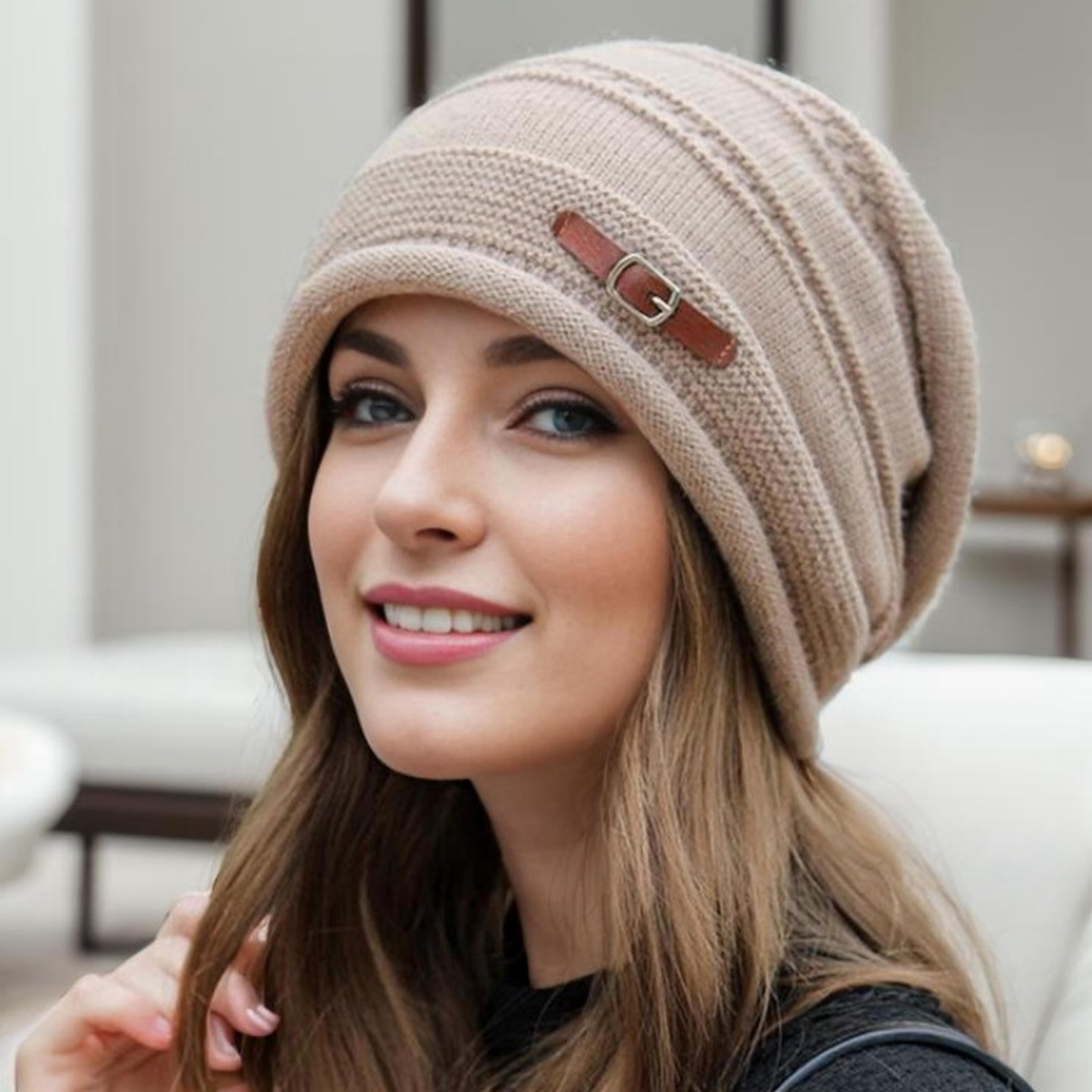 fleece lined women's knit beanie hat, autumn winter warm, large size full coverage stackable design